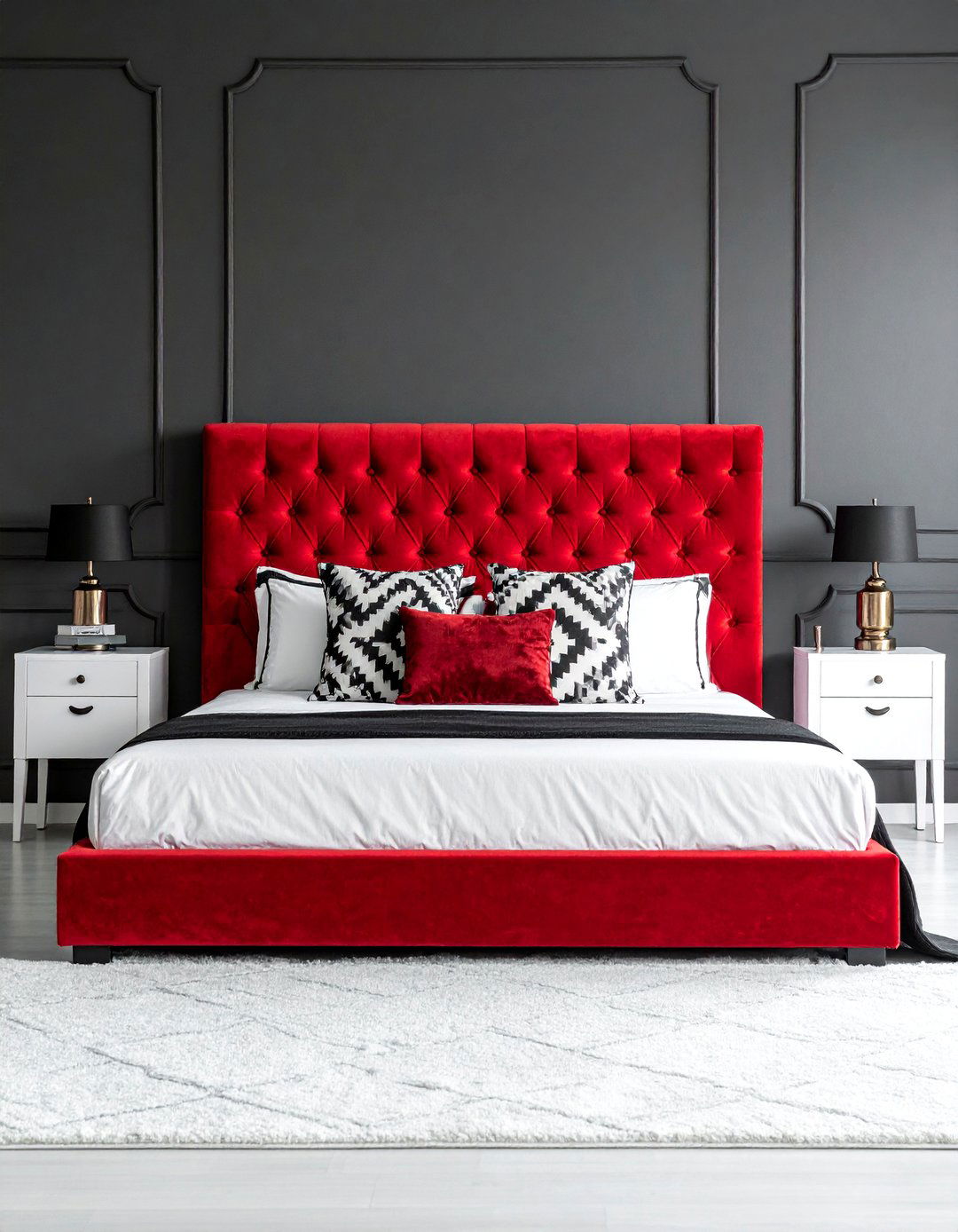 Red Upholstered Headboard - 25 Red, Black, and White Bedroom Ideas for Bold Style