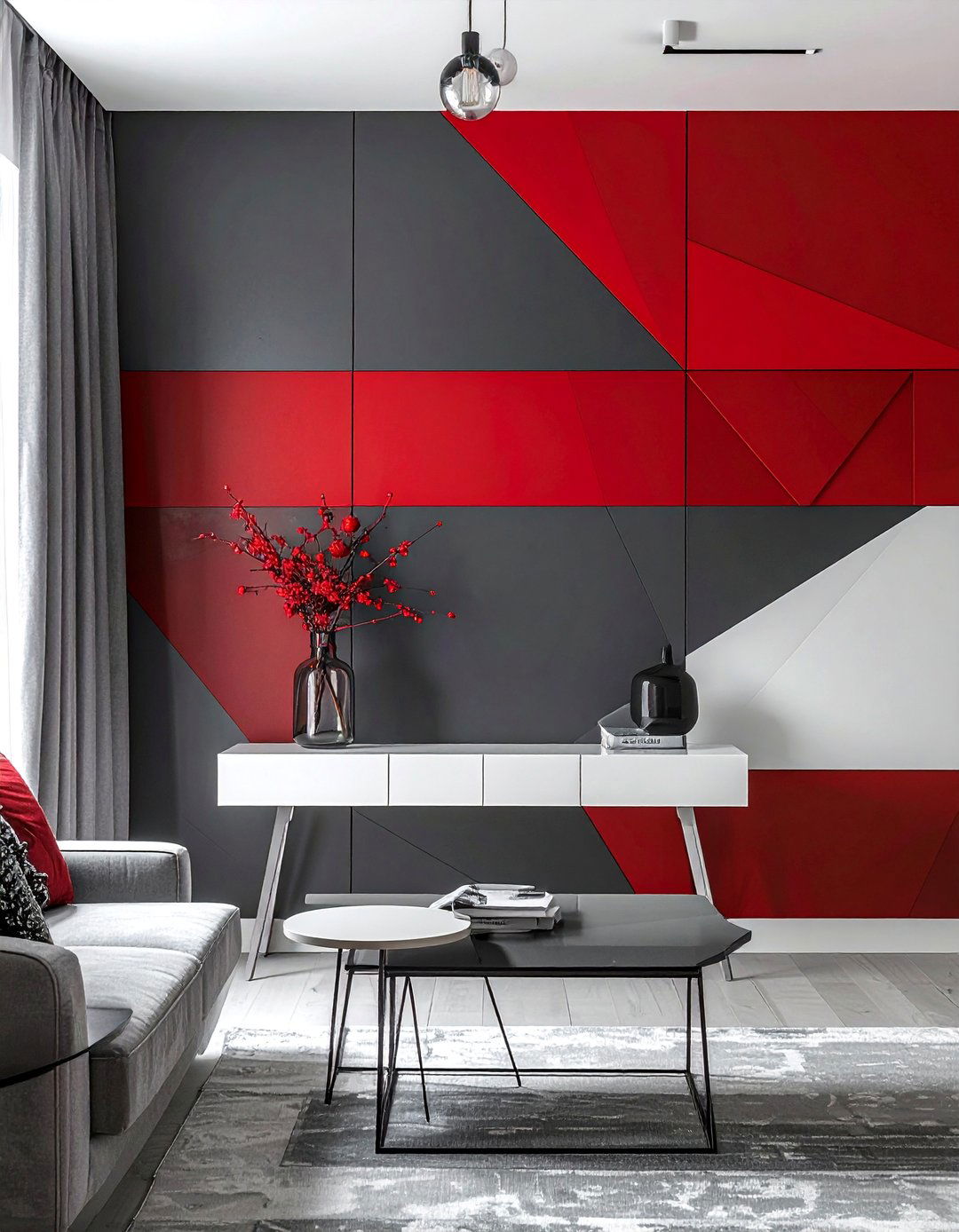 Red and Grey Color Block Wall - 25 Red and Grey Living Room Ideas for a Modern Look