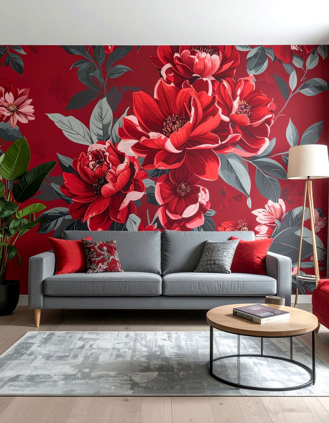 Red and Grey Floral Wallpaper - 25 Red and Grey Living Room Ideas for a Modern Look