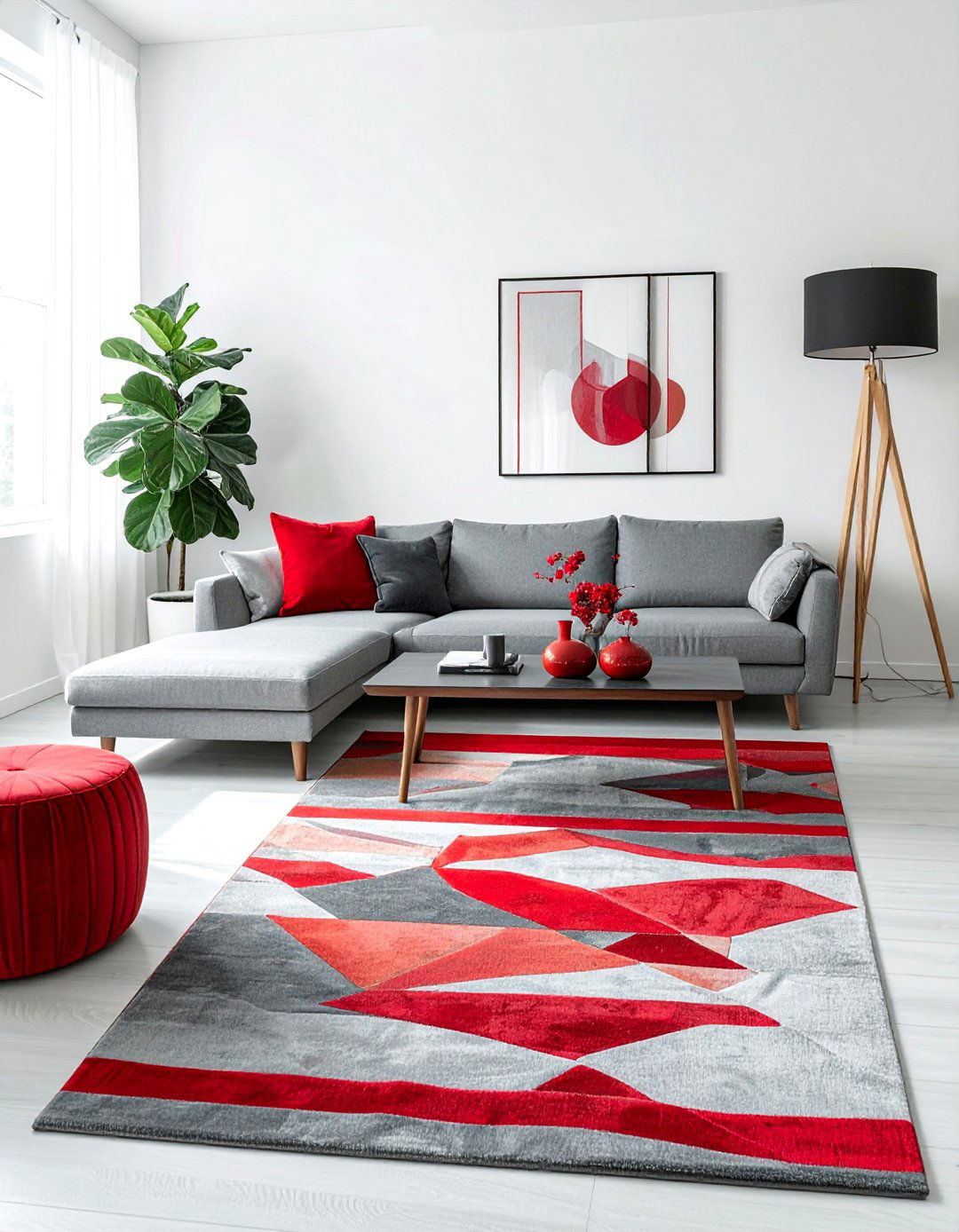Red and Grey Geometric Area Rug - 25 Red and Grey Living Room Ideas for a Modern Look