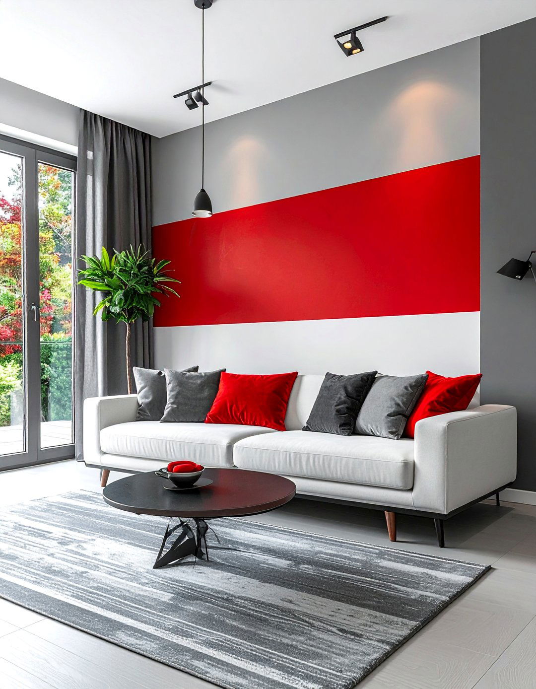 Red and Grey Striped Accent Wall - 25 Red and Grey Living Room Ideas for a Modern Look