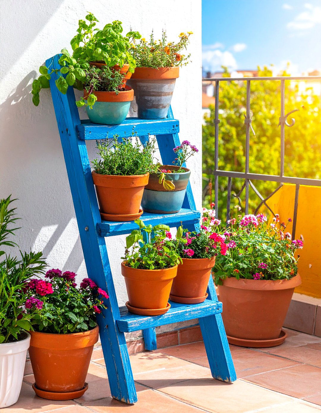 Repurposed Ladder Plant Stand for a Balcony Garden - 40 Creative Balcony Garden Ideas for Small Spaces