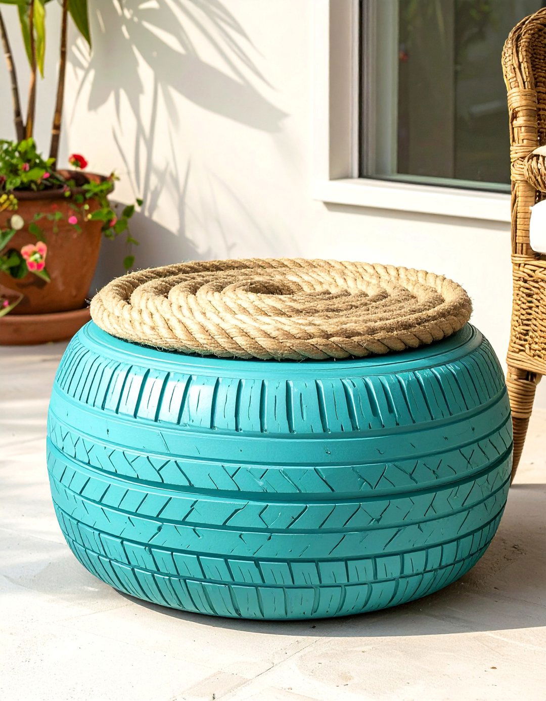 Repurposed Tire Ottoman for Patio Seating - 40 Small Patio Ideas on a Budget for Cozy Outdoor Living