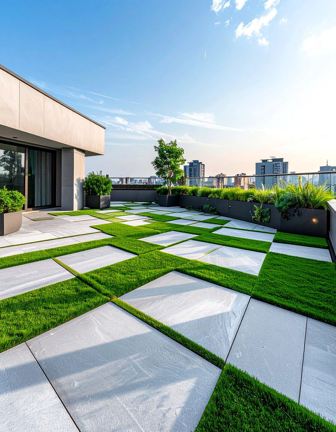 Residential Rooftop with Checkerboard Pavers and Grass - 30 Residential Rooftop Design Ideas to Inspire