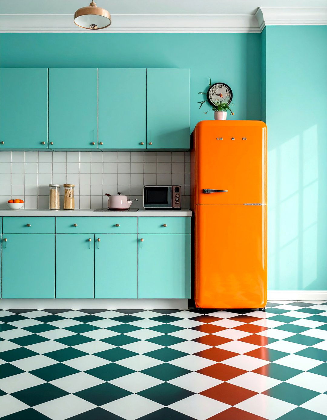 Retro Kitchen with Orange Appliances - 20 Teal and Orange Color Scheme Ideas for Your Rooms