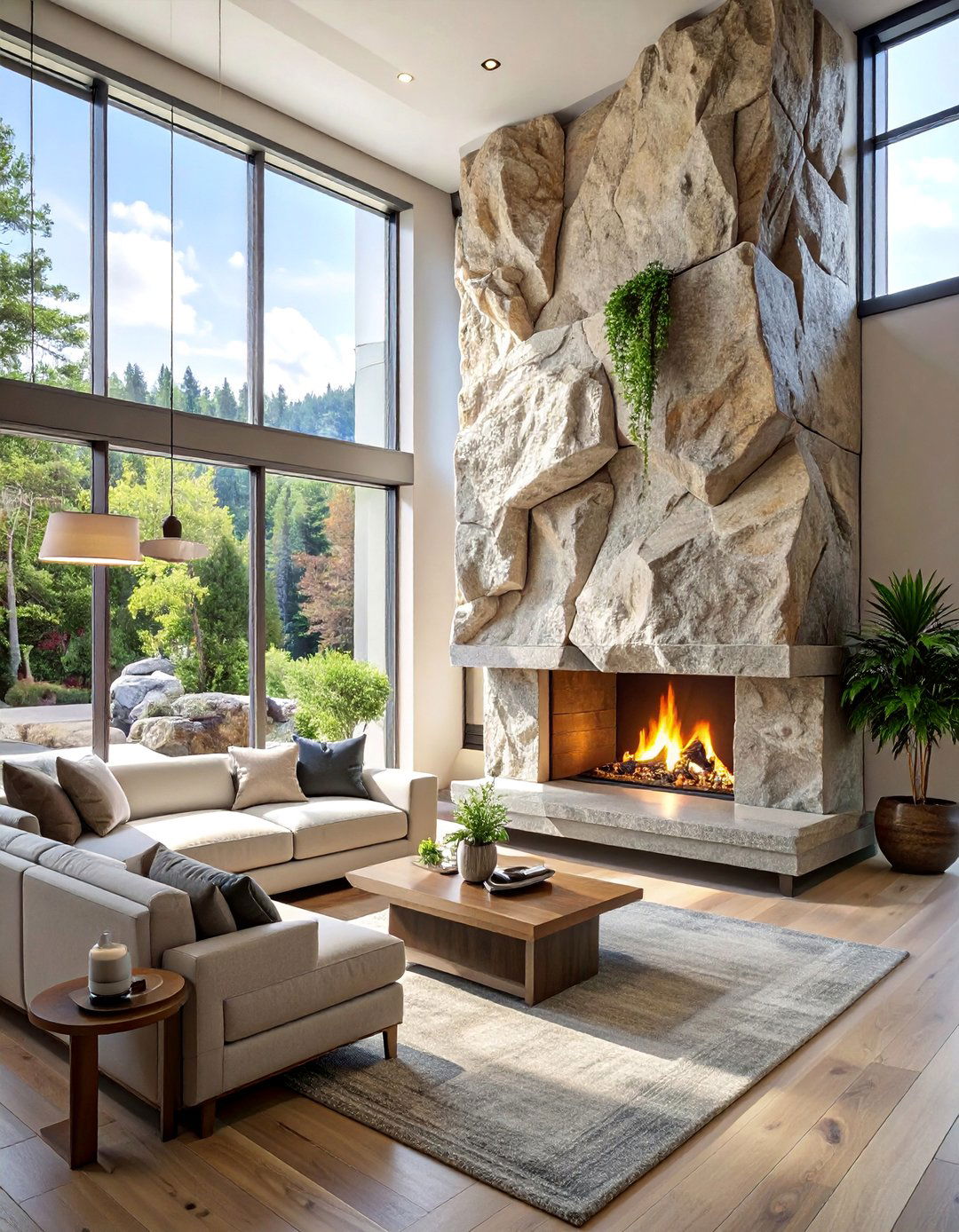 River Rock Natural Stone Fireplace - 25 Stunning Two-Story Fireplace Design Ideas