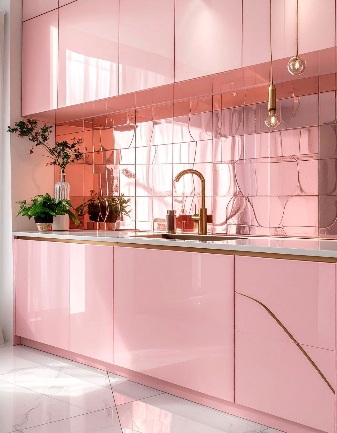 Rose Gold Tinted Mirror Tiles - 30 Mirrored Backsplash Kitchen Ideas for a Sleek Look