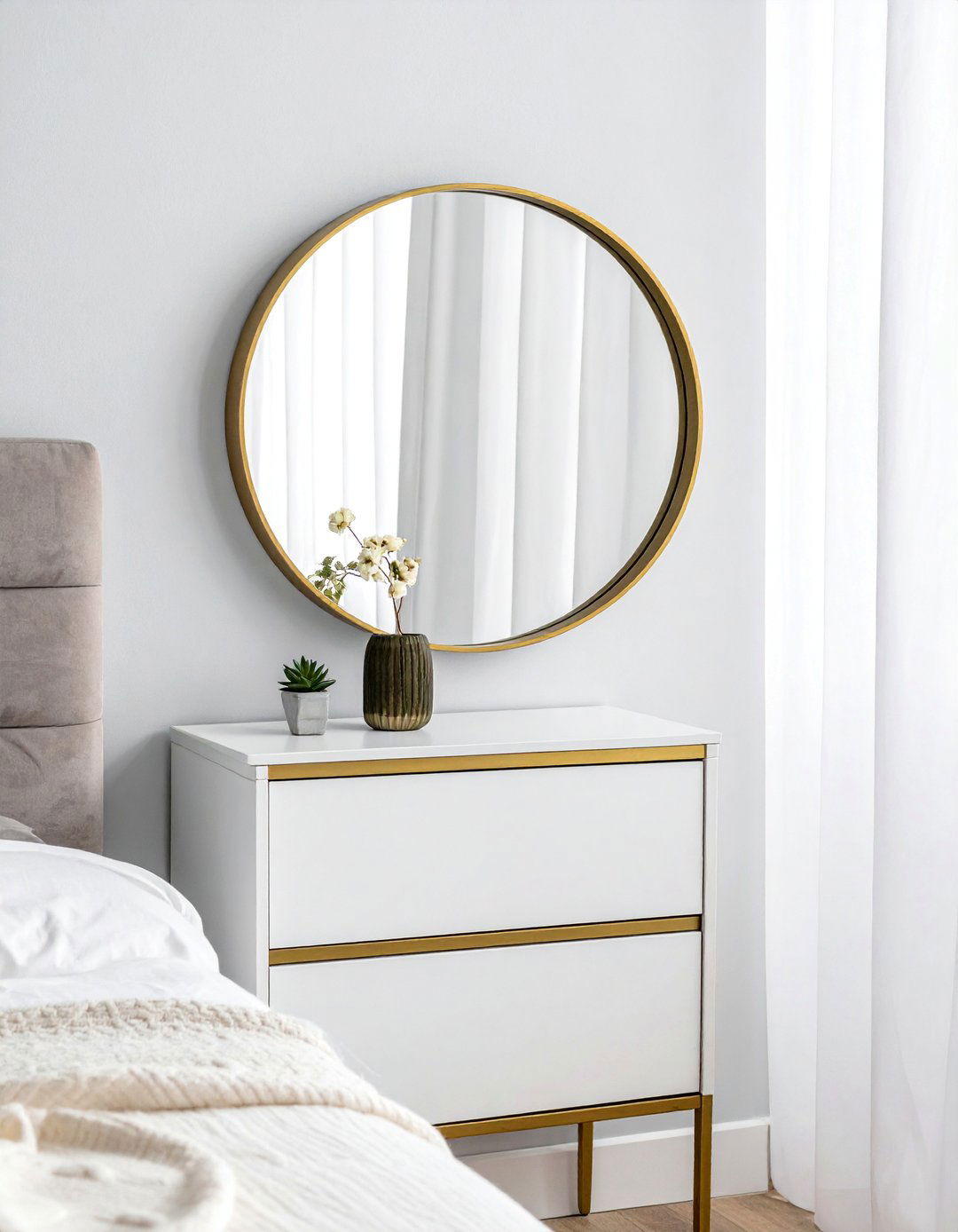Round Brass Frame Mirrors - 30 Mirror Behind Nightstand Ideas for Stylish Bedrooms