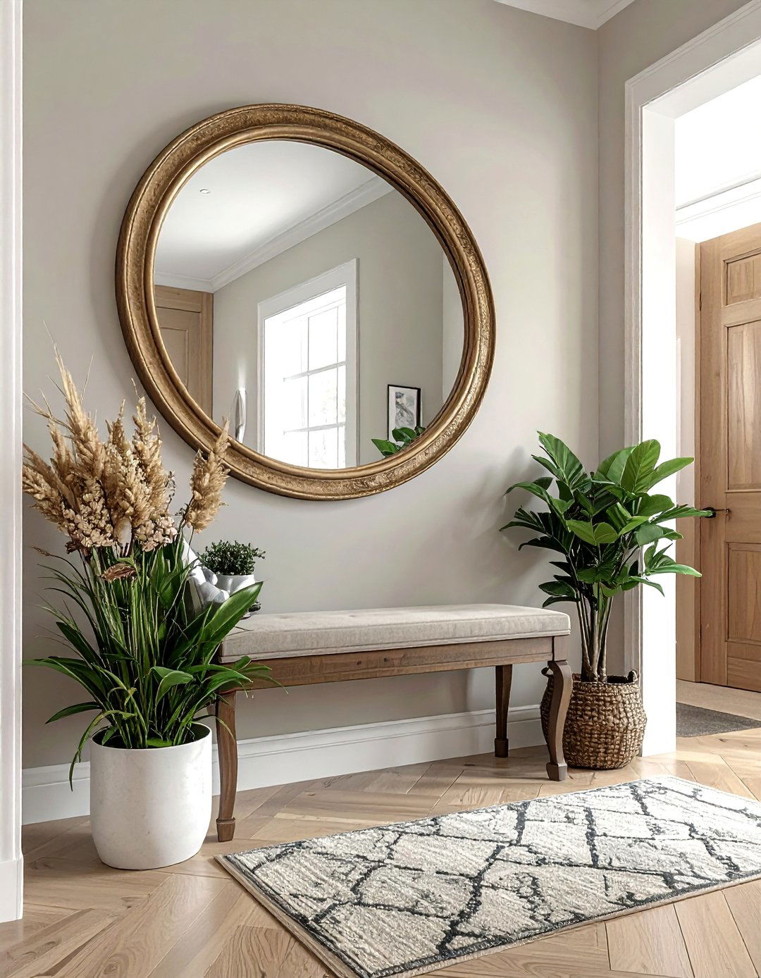 Round Mirror Accent - 40 Small Entryway Ideas for Stylish First Impressions