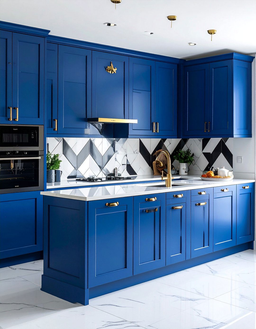 Royal Blue Kitchen Cabinets With Gold Hardware and a Patterned Backsplash - 30 Blue Kitchen Cabinets With Gold Hardware Ideas
