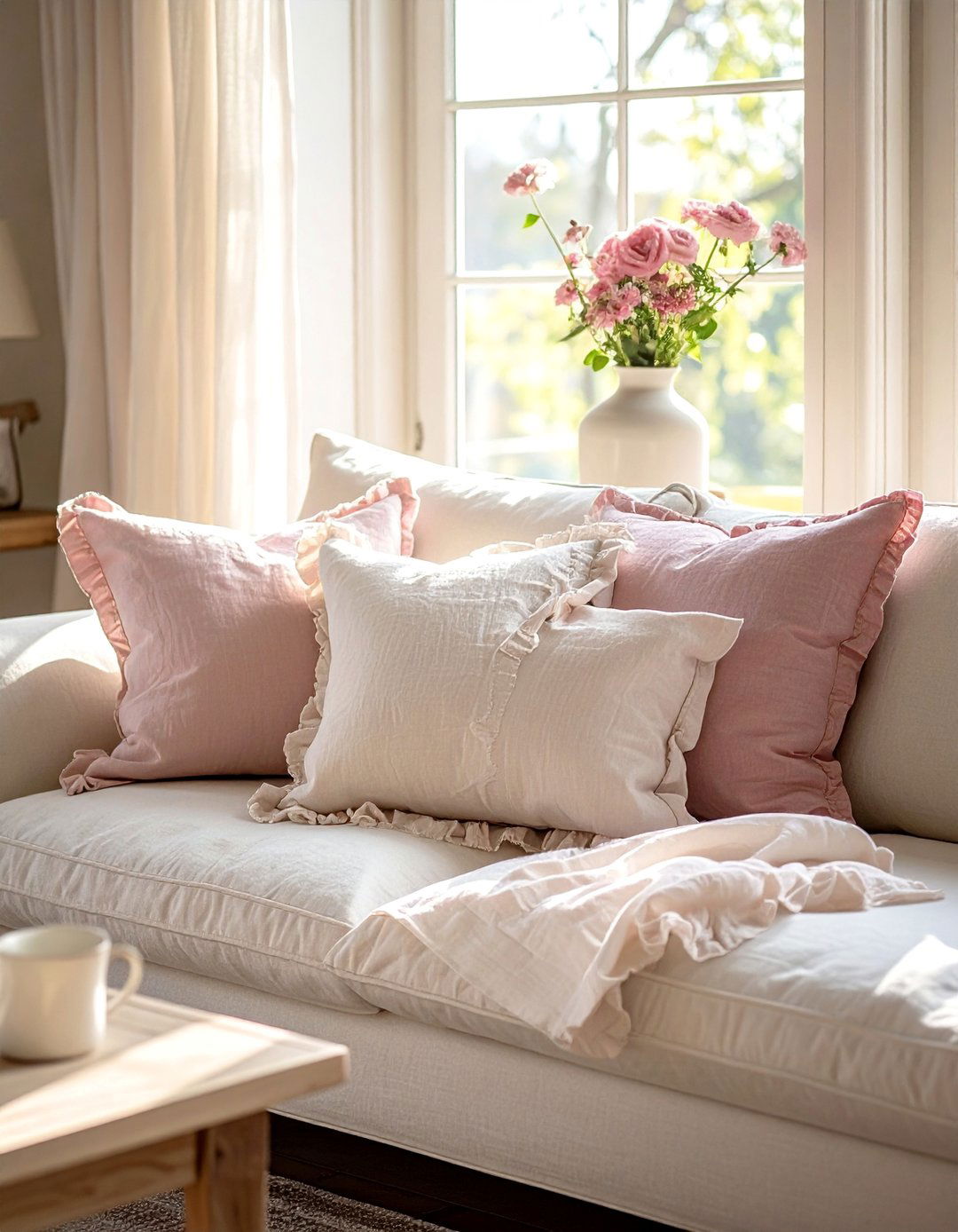 Ruffled Throw Pillows - 40 French Country Living Room Ideas for a Cozy Space
