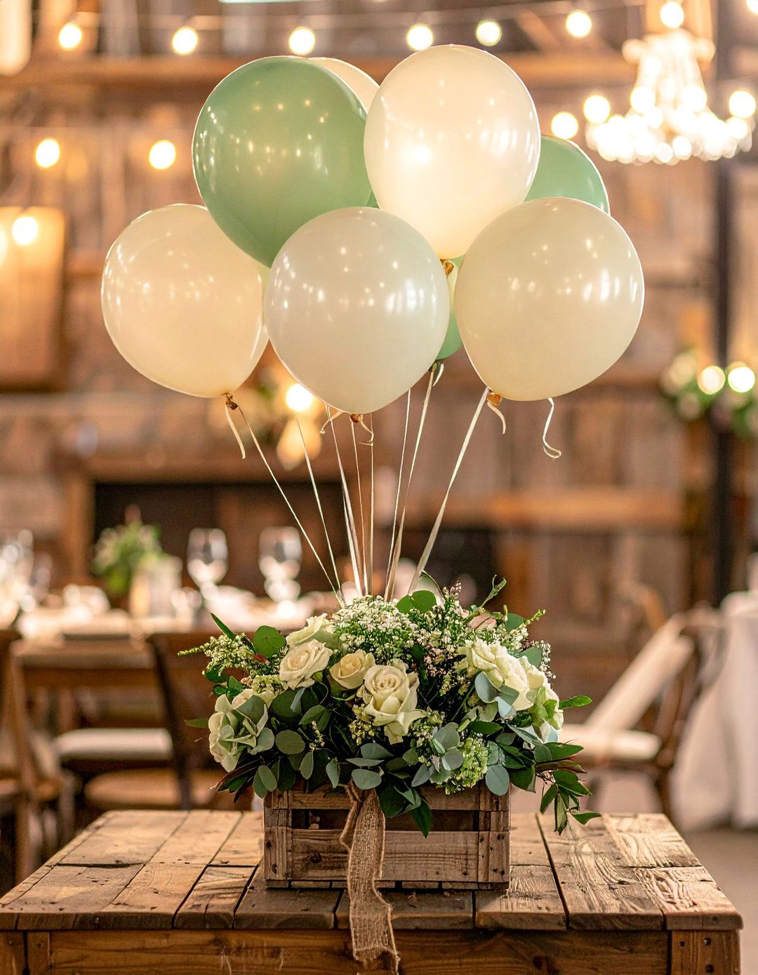 Rustic Balloon Centerpiece with Burlap and Wood - 25 Balloon Centerpiece Ideas for Any Celebration