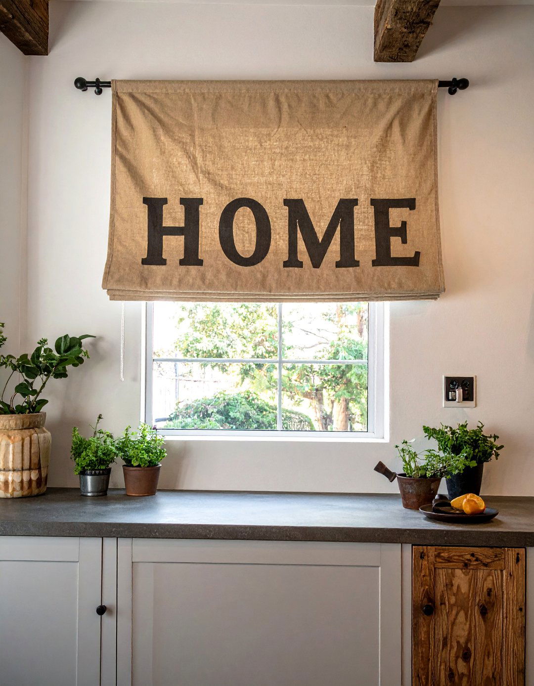 Rustic Burlap Kitchen Valance with Stenciling - 20 Kitchen Valance Ideas for a Stylish and Functional Space