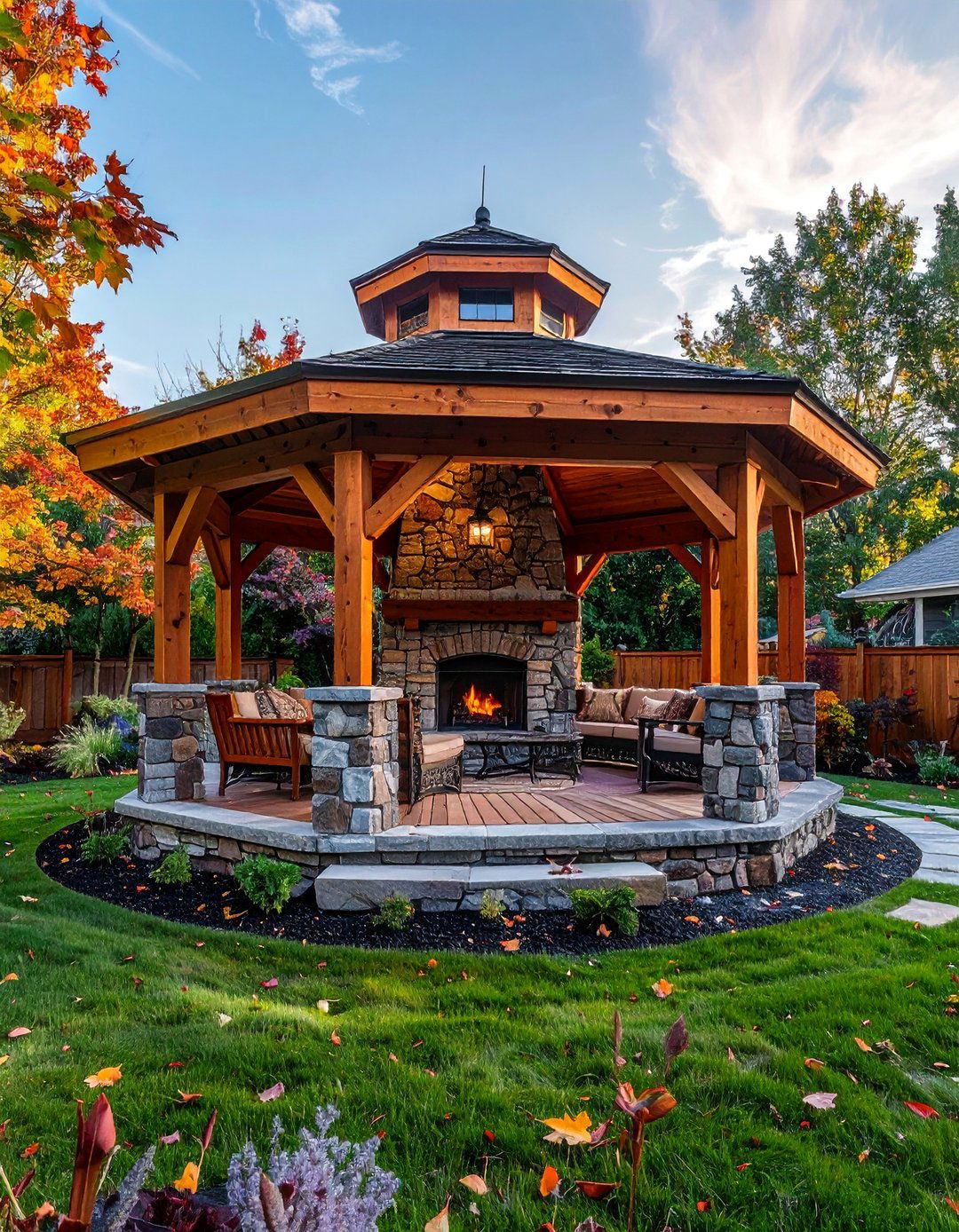 Rustic Cedar Gazebo with Stone Fireplace - 25 Gazebo With Fireplace Ideas for Cozy Outdoor Living