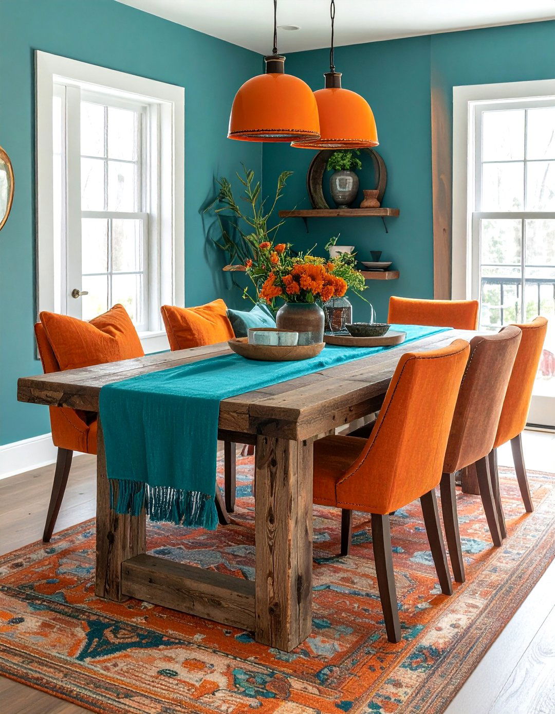 Rustic Dining Room with a Teal Table Runner - 20 Teal and Orange Color Scheme Ideas for Your Rooms
