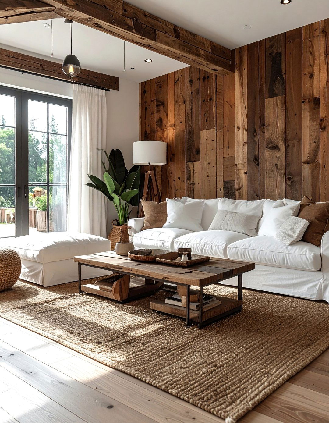 Rustic Farmhouse with Reclaimed Brown Wood - 30 Brown and White Living Room Ideas for a Warm Look