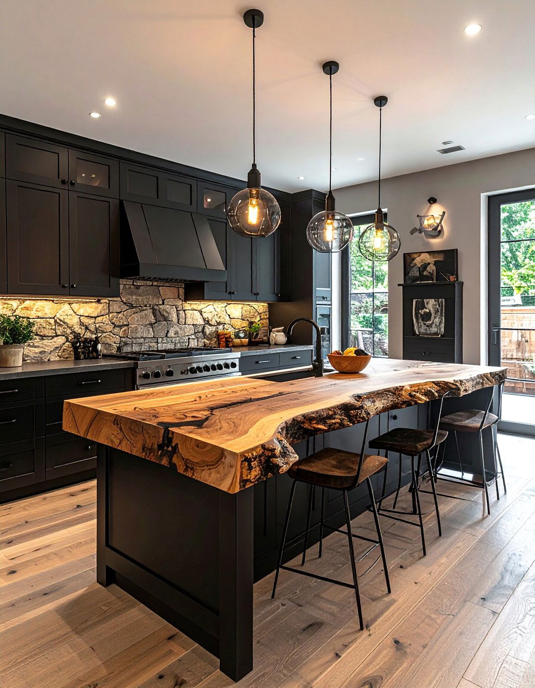 Rustic Kitchen with Rough Hewn Wood Countertops - 25 Stunning Kitchen Ideas with Black Cabinets & Wood Countertops