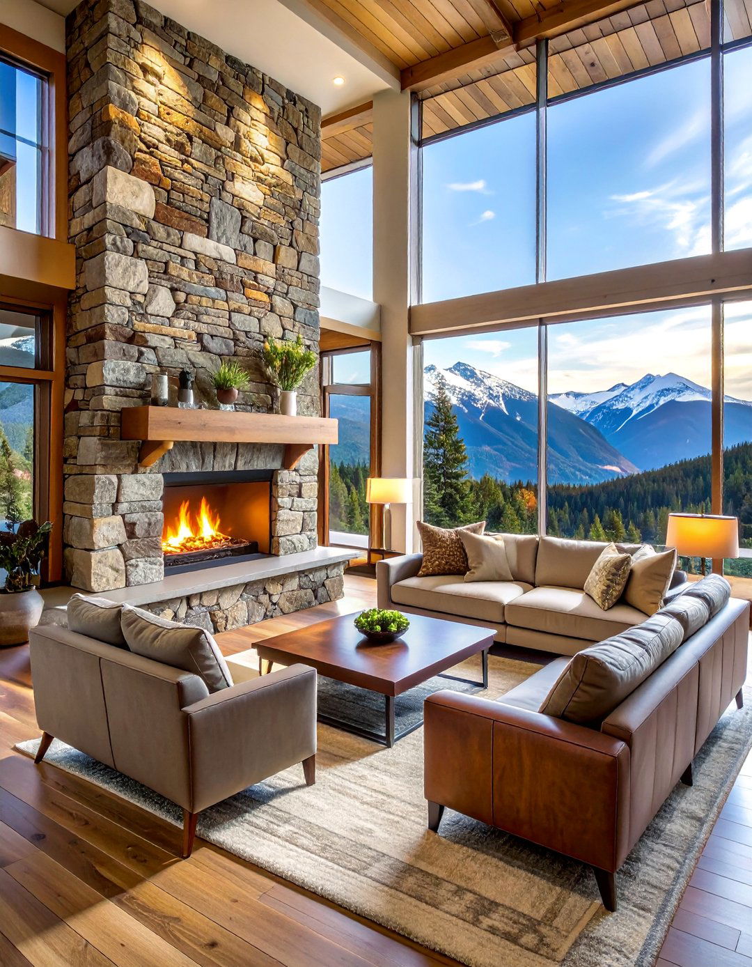 Rustic Ledgestone Stacked Design - 25 Stunning Two-Story Fireplace Design Ideas