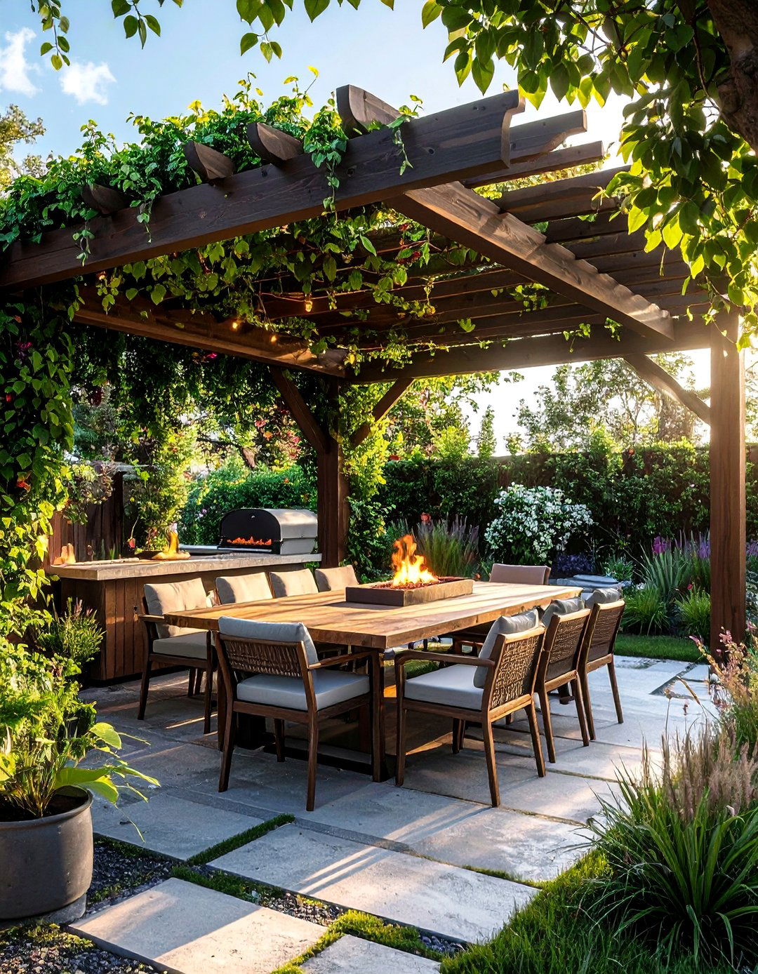 Rustic Pergola Gazebo Hybrid with Fire Table - 25 Gazebo With Fireplace Ideas for Cozy Outdoor Living