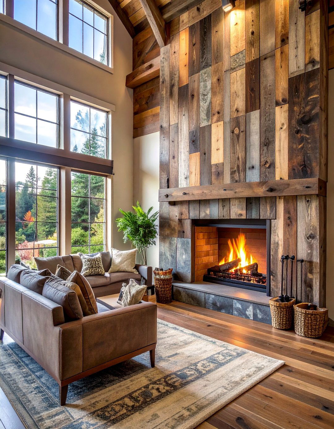 Rustic Reclaimed Wood Fireplace Wall - 25 Stunning Two-Story Fireplace Design Ideas