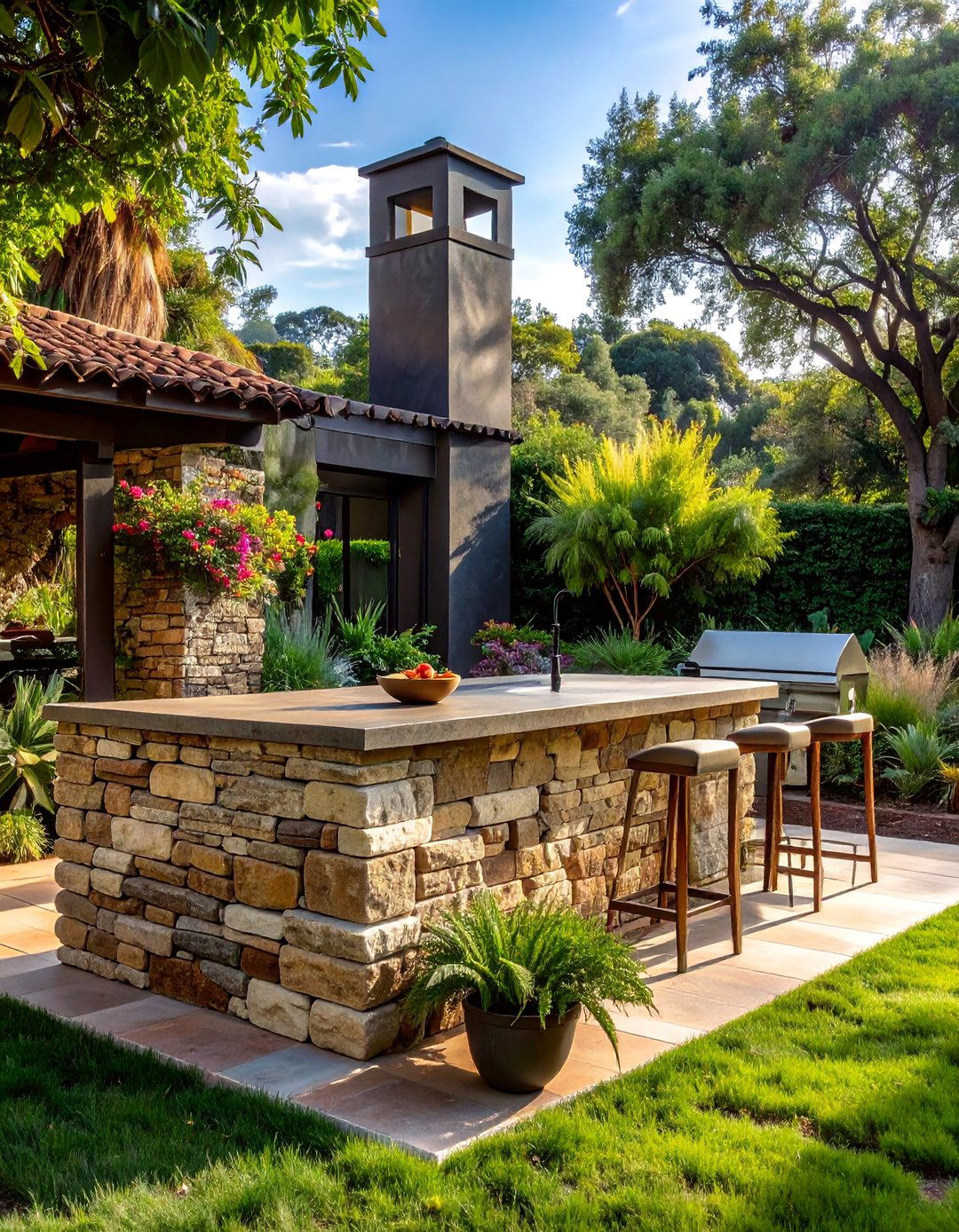 Rustic Stone Elements in a Spanish Outdoor Kitchen - 20 Spanish Style Outdoor Kitchen Ideas for Your Backyard