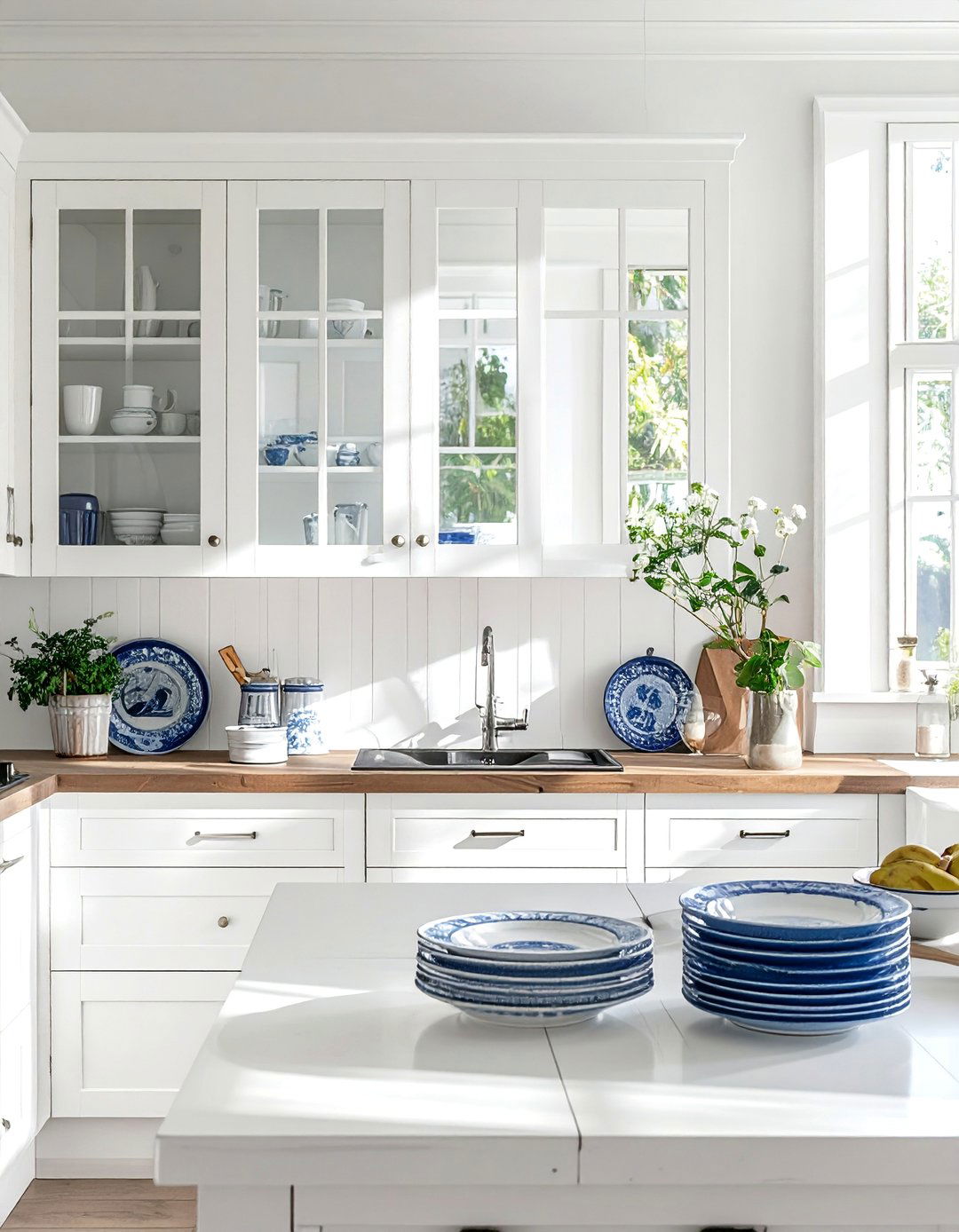 Rustic White Kitchen with Glass Front Cabinets - 20 Rustic White Kitchen Ideas for a Farmhouse Feel