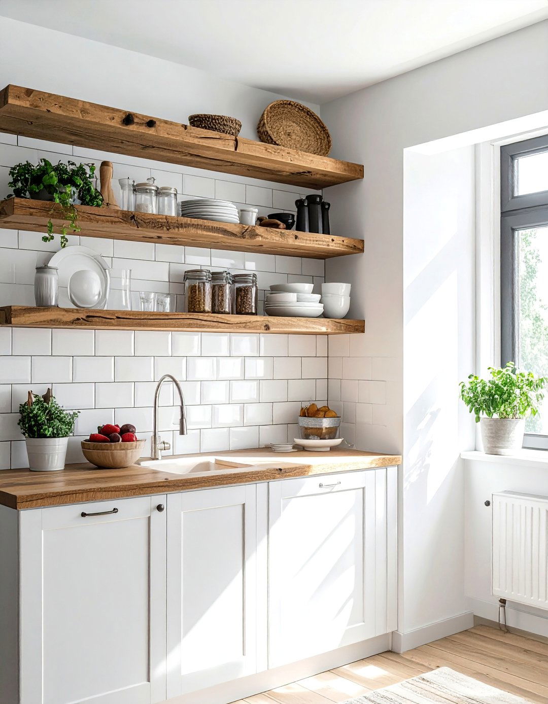 Rustic White Kitchen with Open Wood Shelving - 20 Rustic White Kitchen Ideas for a Farmhouse Feel
