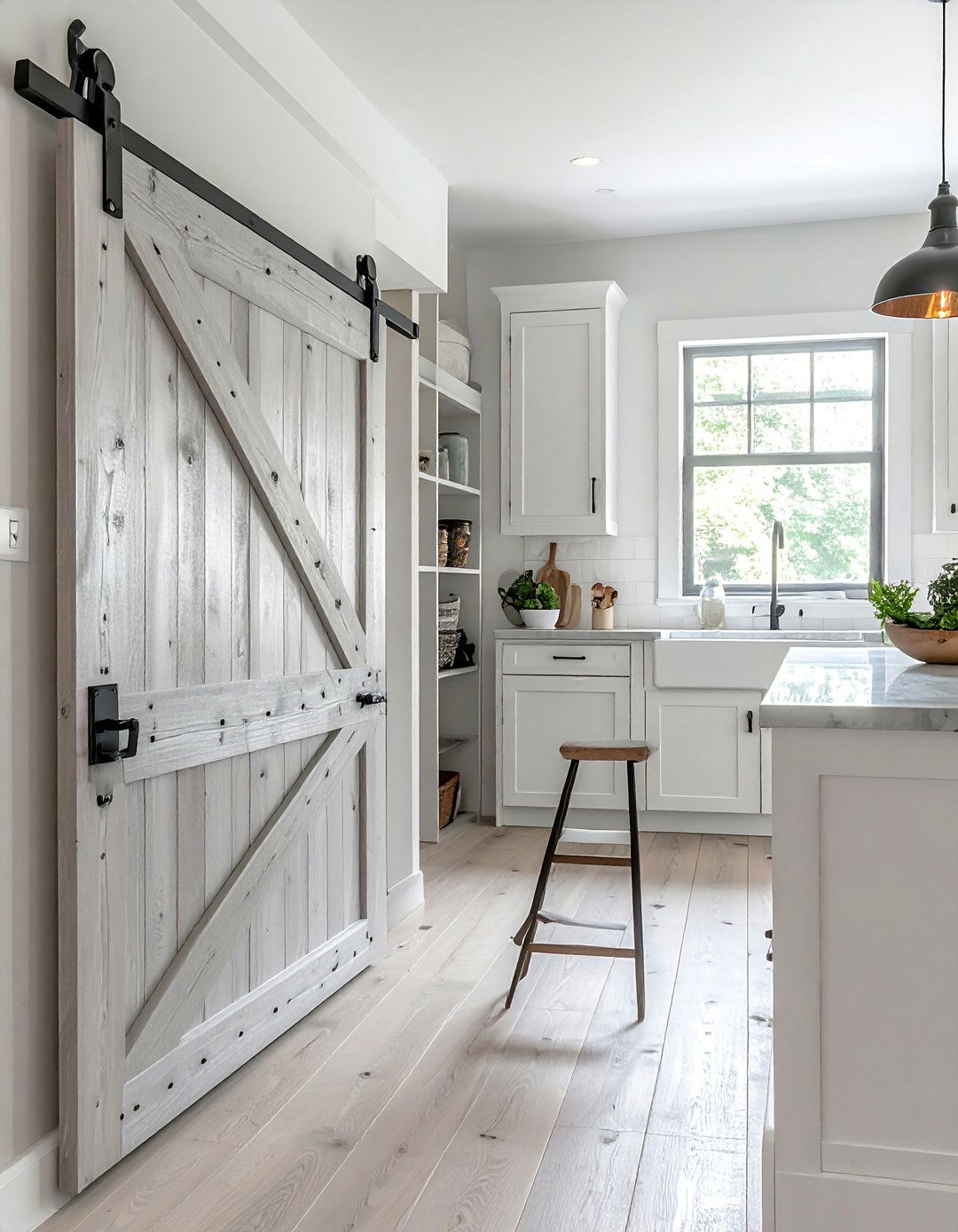 Rustic White Kitchen with Sliding Barn Doors - 20 Rustic White Kitchen Ideas for a Farmhouse Feel