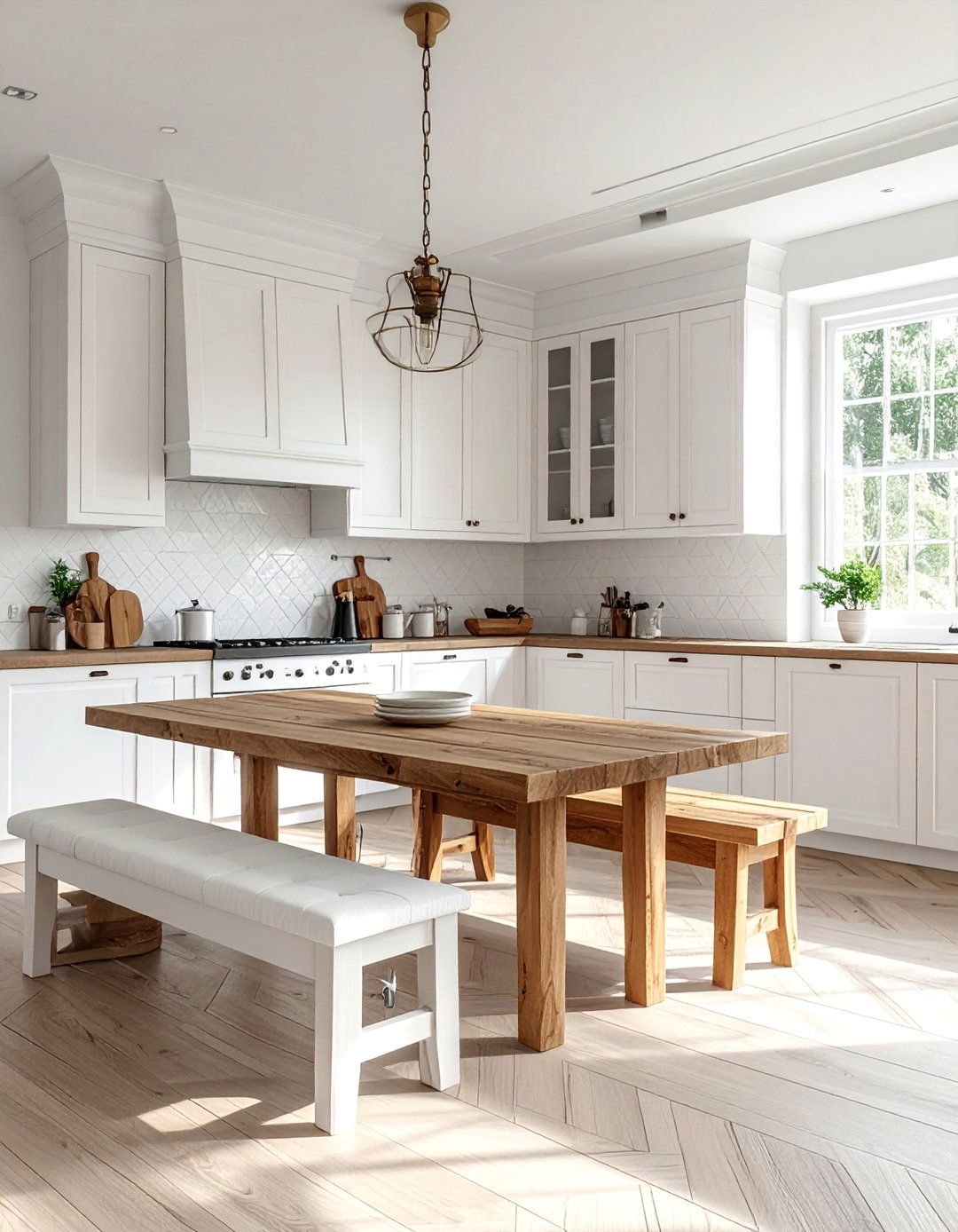 Rustic White Kitchen with a Large Wooden Dining Table