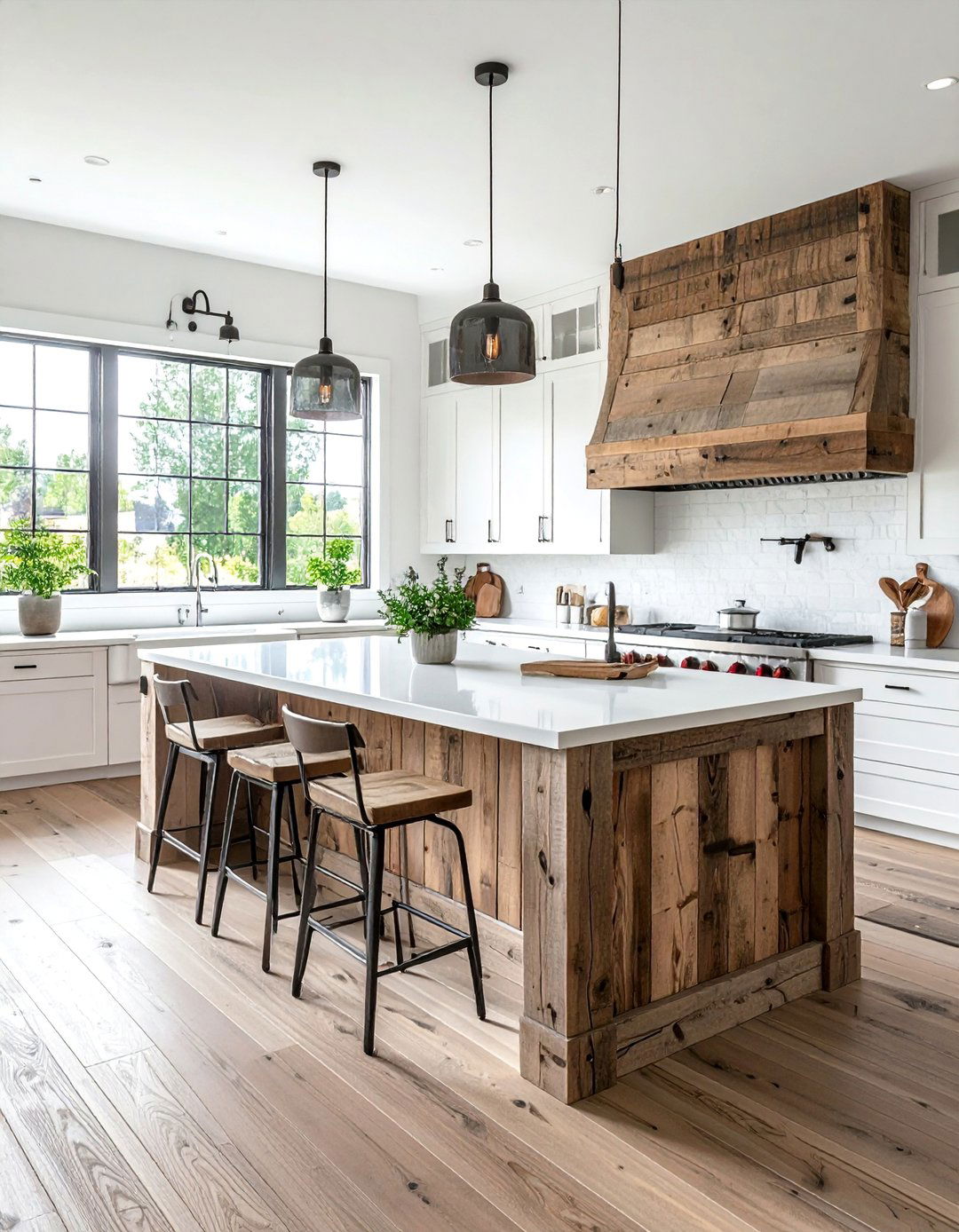 Rustic White Kitchen with a Reclaimed Wood Island - 20 Rustic White Kitchen Ideas for a Farmhouse Feel