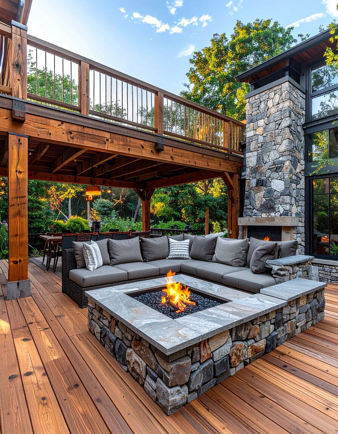 Rustic Wood Deck with Natural Stone Fire Pit Patio - 30 Deck and Patio Combination Ideas for Outdoor Living