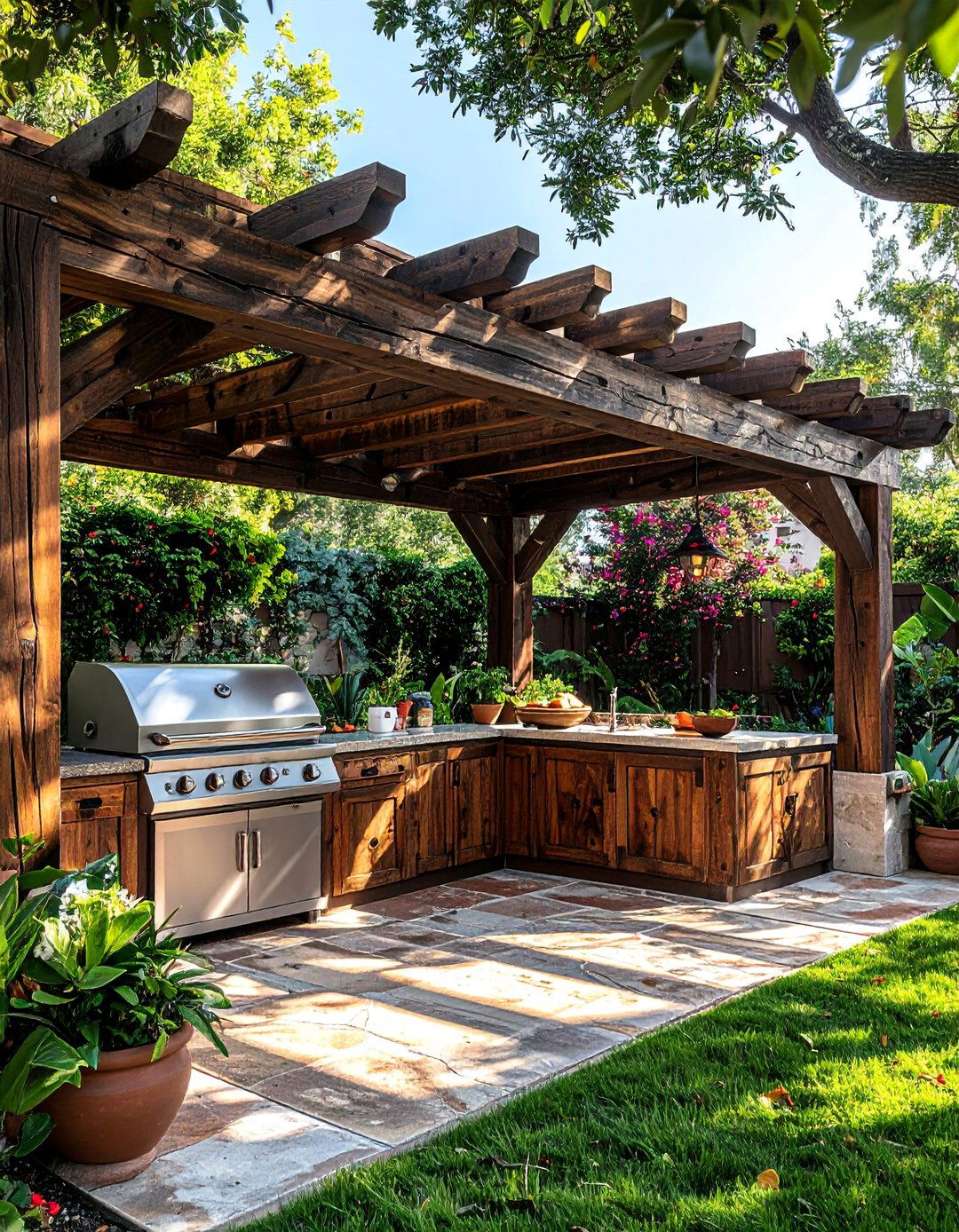 Rustic Wood Pergola Over a Mexican Outdoor Kitchen - 20 Mexican Outdoor Kitchen Ideas for Entertaining