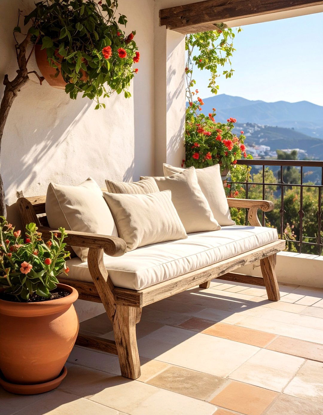 Rustic Wooden Bench for a Mediterranean Balcony - 20 Mediterranean Balcony Ideas for a Scenic Escape