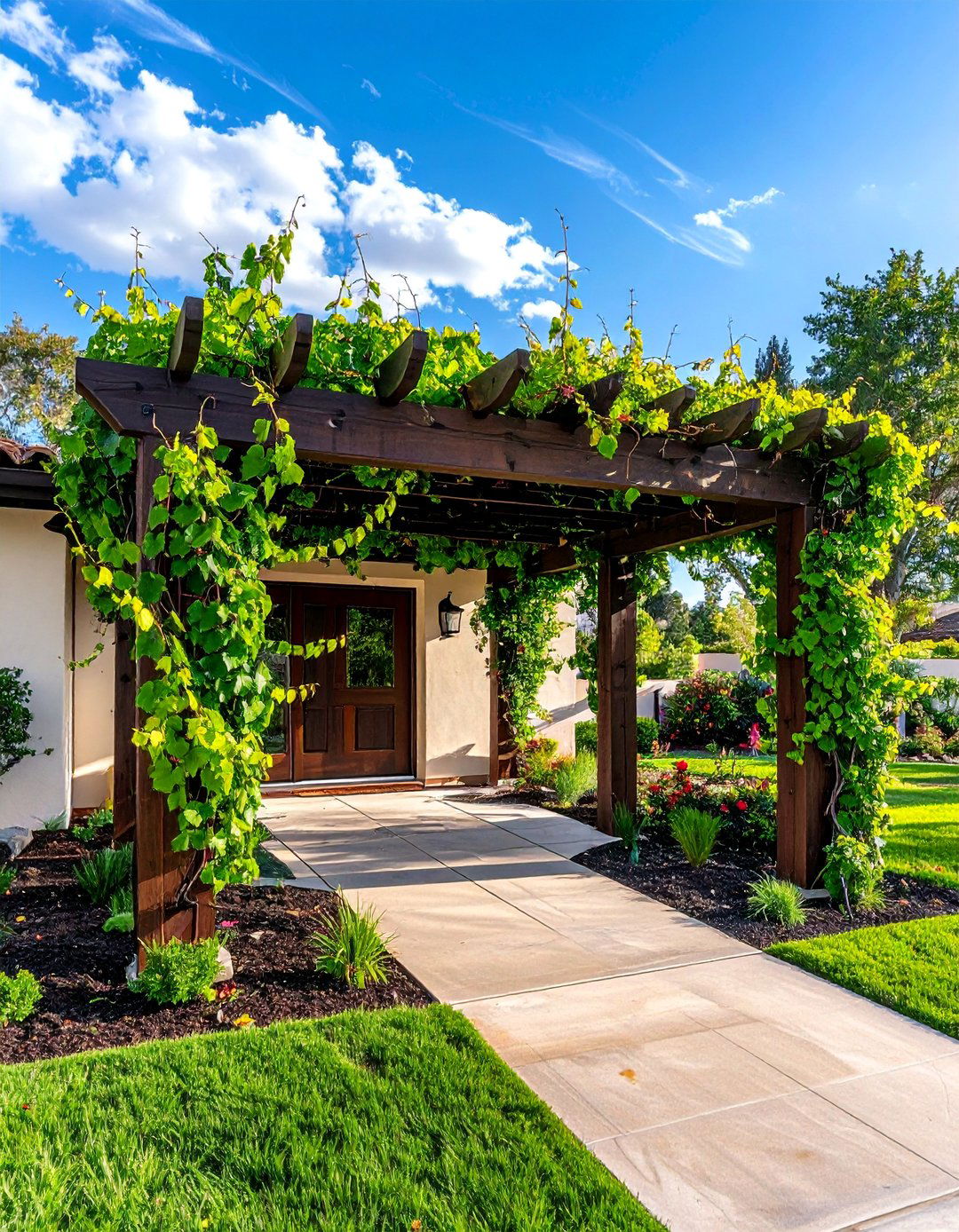 Rustic Wooden Pergola Over a Walkway - 20 Front Yard Spanish Style Landscaping Ideas