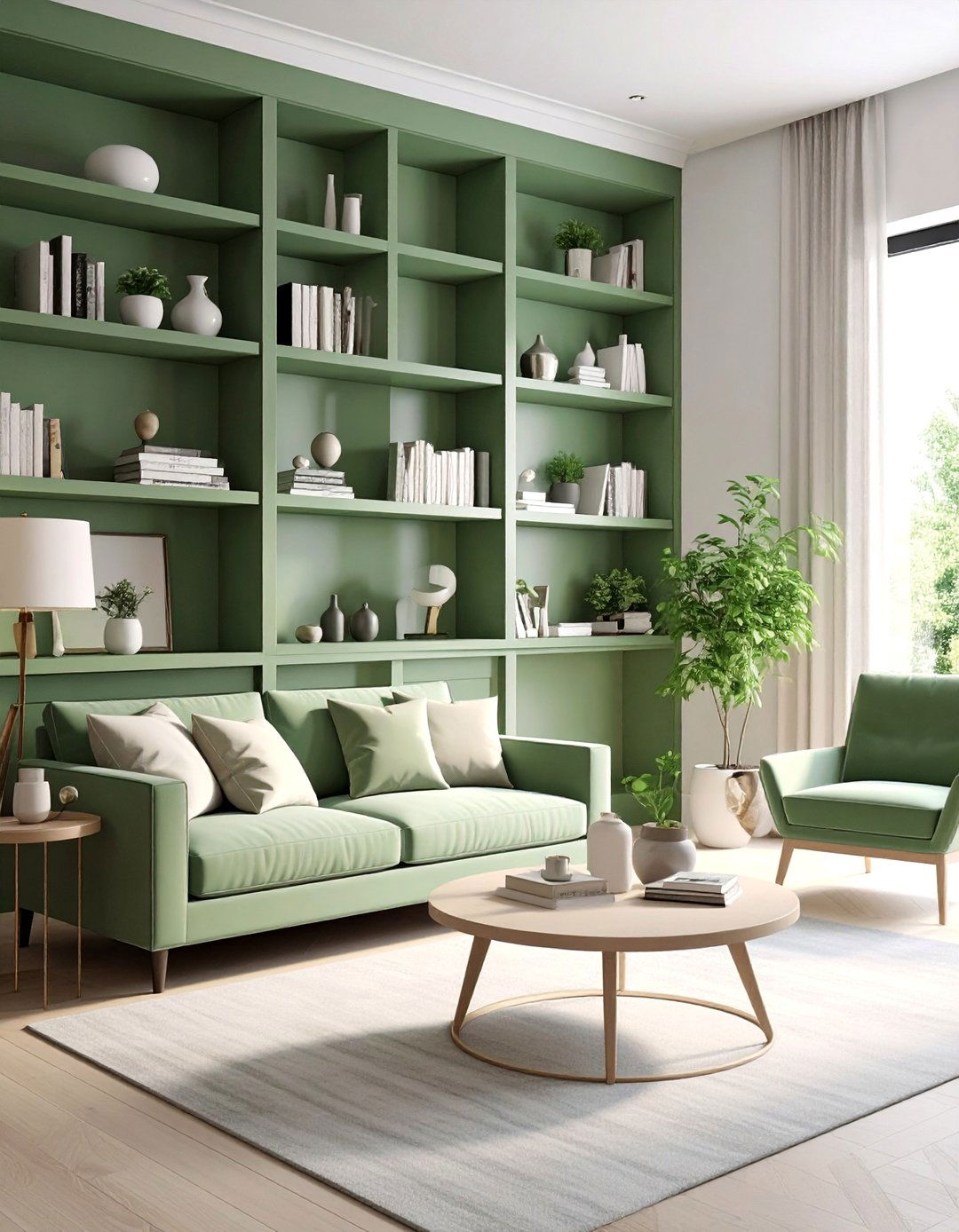 Sage Green Bookshelves or Built ins - 25 Sage Green and Cream Living Room Ideas