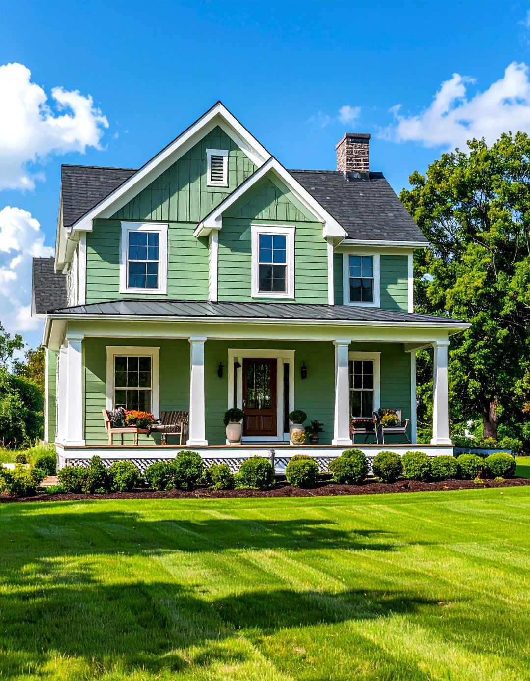 Sage Green Farmhouse Exterior with White Trim - 25 Farmhouse Green Exterior Home Ideas for Curb Appeal