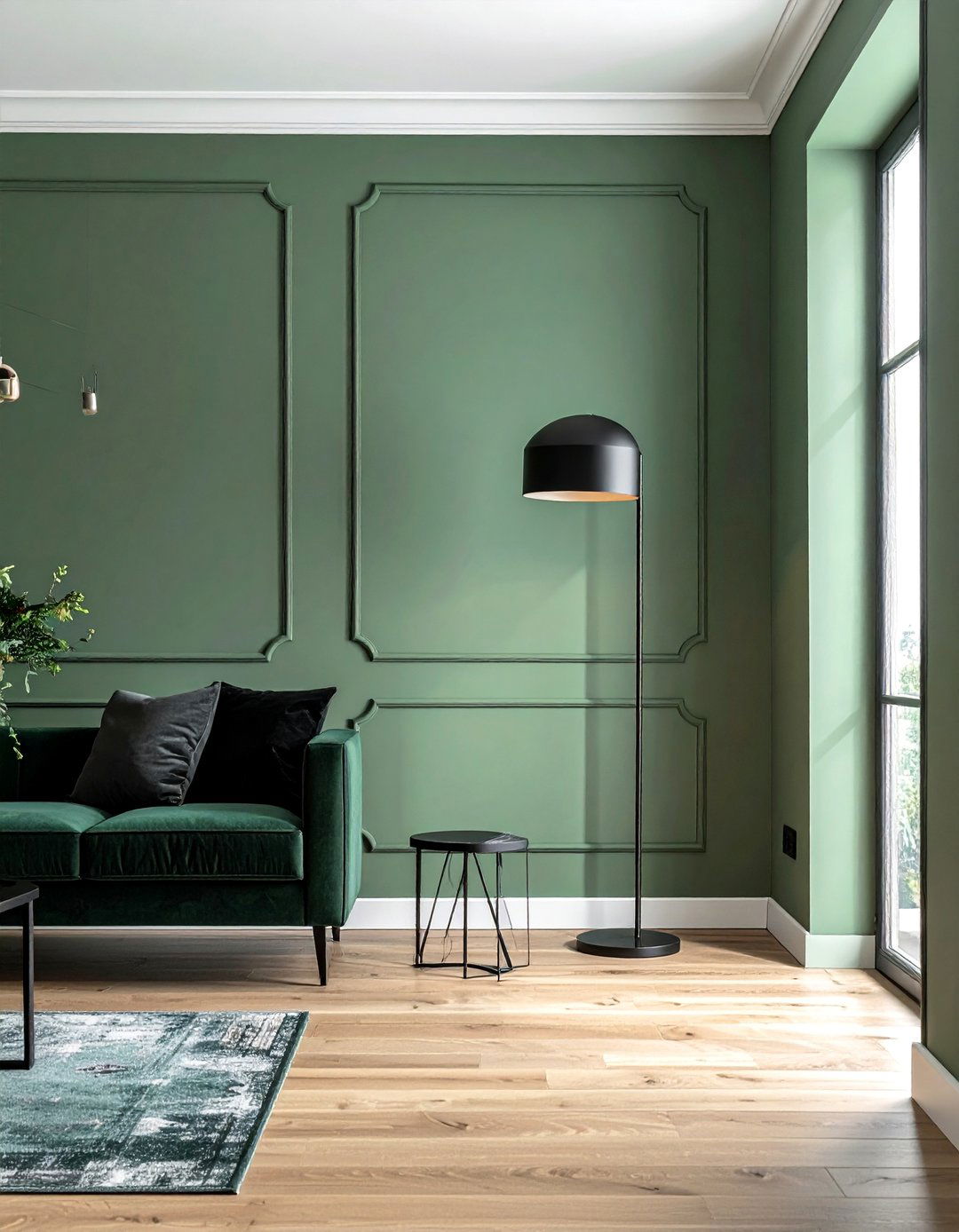 Sage Green Walls with Black Metal Accents - 30 Black and Green Living Room Ideas for a Luxe Feel