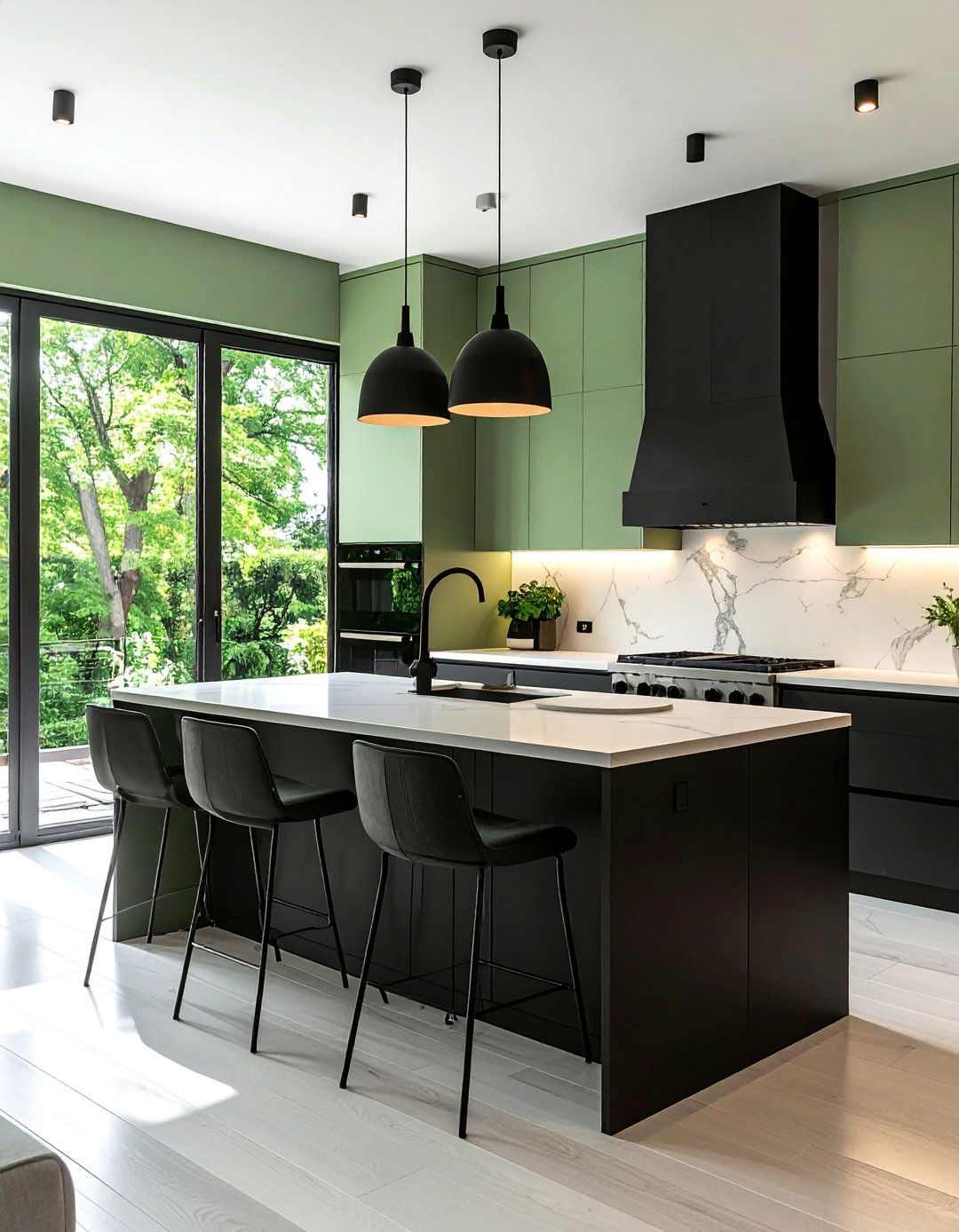Sage Green Walls with a Bold Black Island - 30 Black and Green Kitchen Ideas for a Modern Twist
