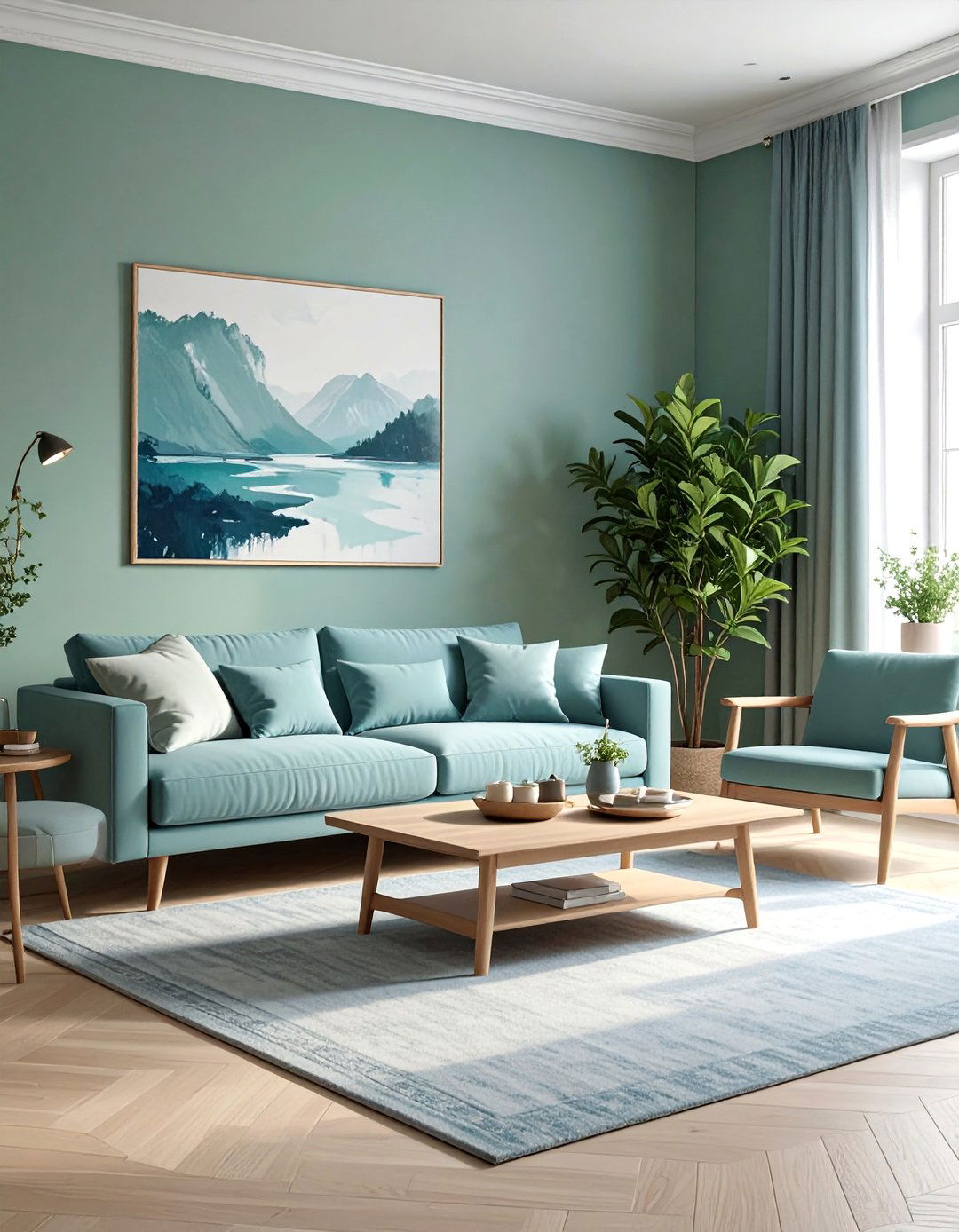 Sage Green Walls with a Dusty Blue Sofa - 20 Blue and Green Living Room Ideas for a Fresh Look