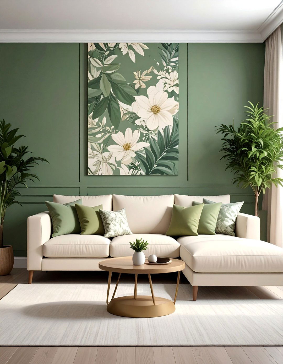 Sage Green and Cream Patterned Wallpaper - 25 Sage Green and Cream Living Room Ideas