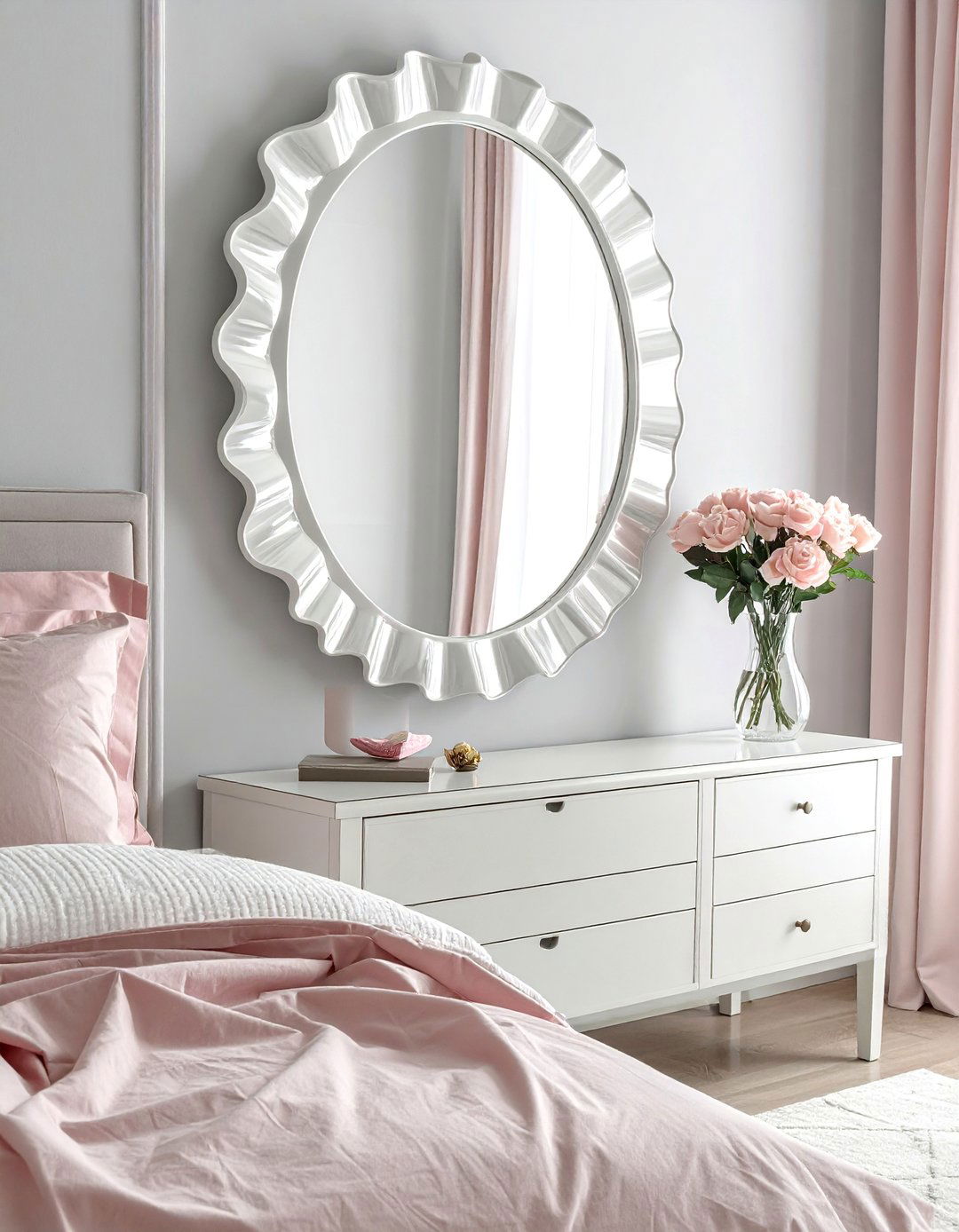Scalloped Edge Decorative Mirrors - 30 Mirror Behind Nightstand Ideas for Stylish Bedrooms