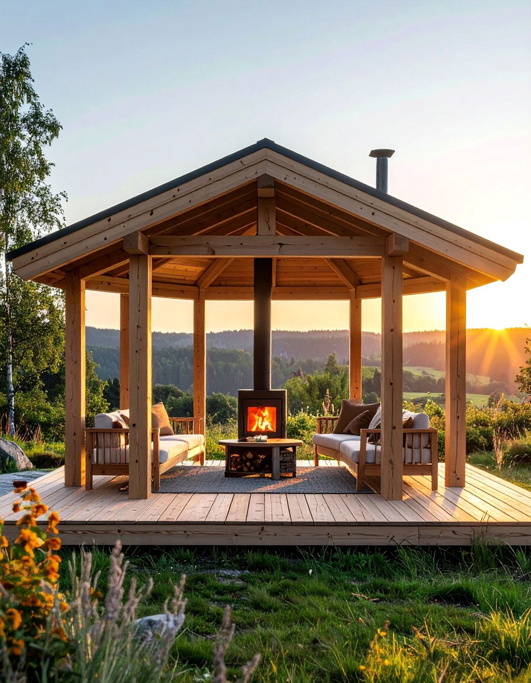 Scandinavian Inspired with Wood Burning Stove - 25 Gazebo With Fireplace Ideas for Cozy Outdoor Living