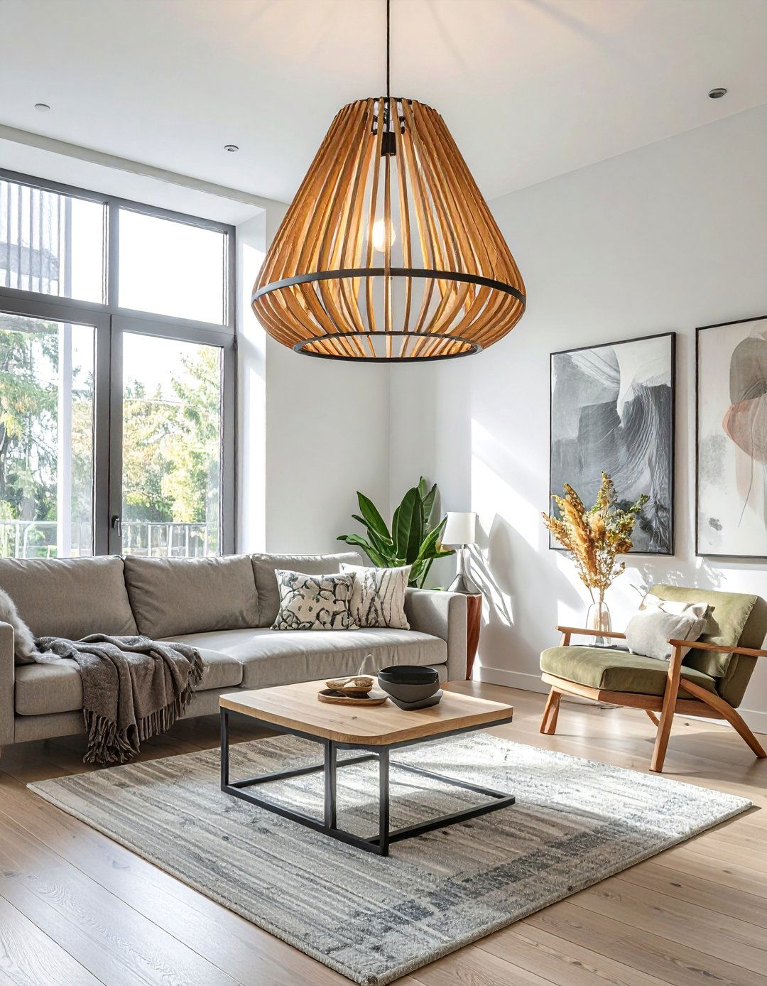 Scandinavian Wood and Metal Chandelier - 30 Living Room Chandelier Ideas for Elegant Spaces