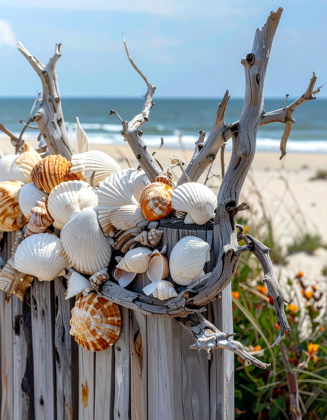 Seashell and Driftwood Fence Art - 20 Fence Art Ideas to Beautify Your Outdoor Space