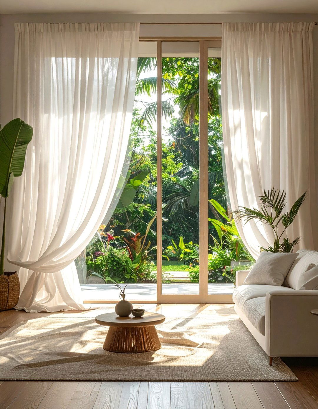 Sheer White Curtains to Maximize Natural Light - 25 Tropical Living Room Ideas for a Relaxing Vibe