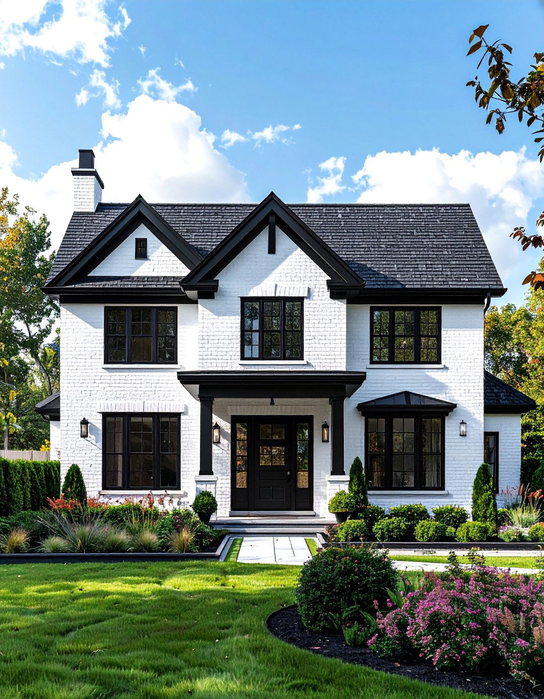 Single Story White Brick House with Black Trim - 30 Single Story White House Black Trim Designs