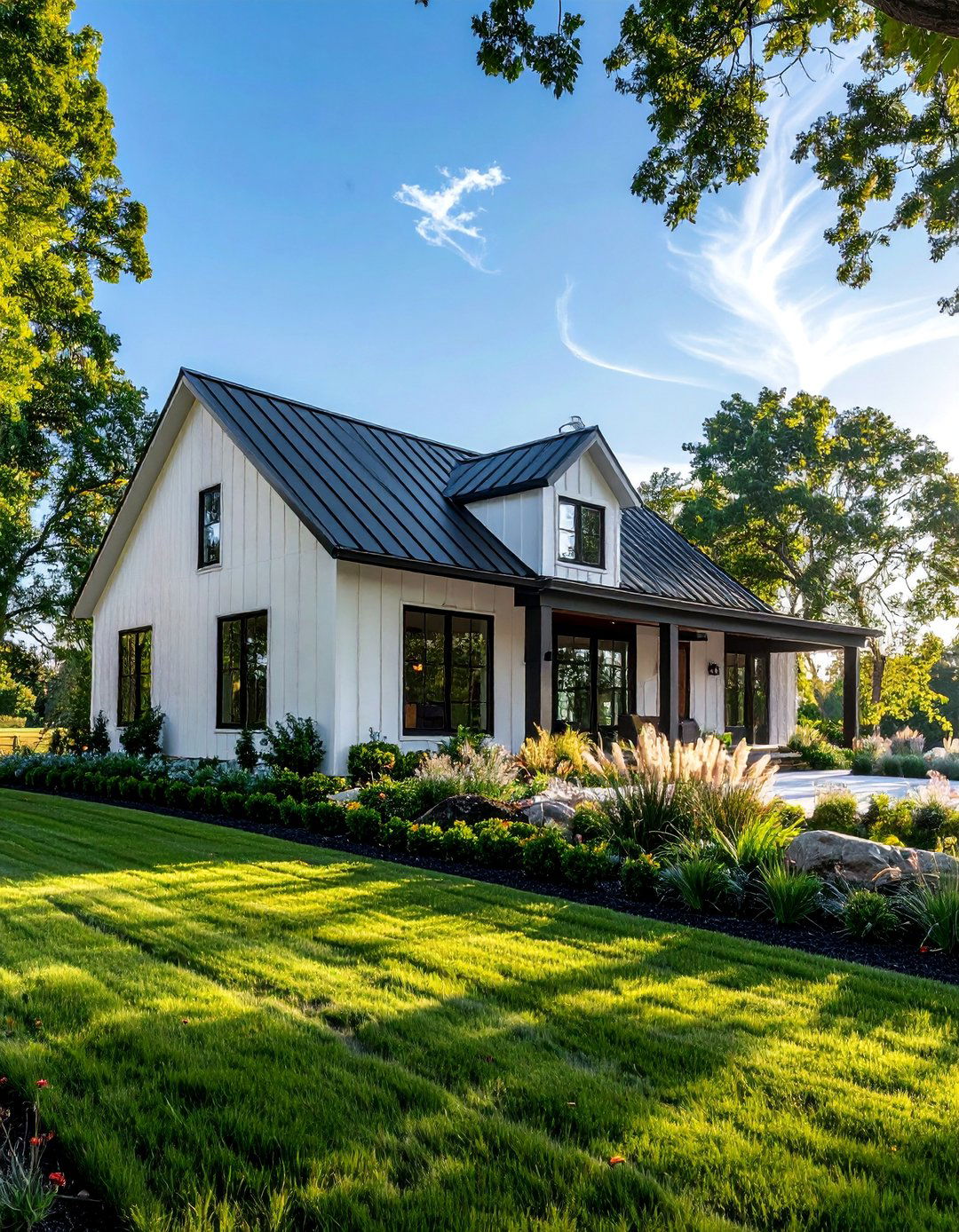 Single Story White Farmhouse with Black Windows - 25 White Farmhouse With Black Windows Ideas