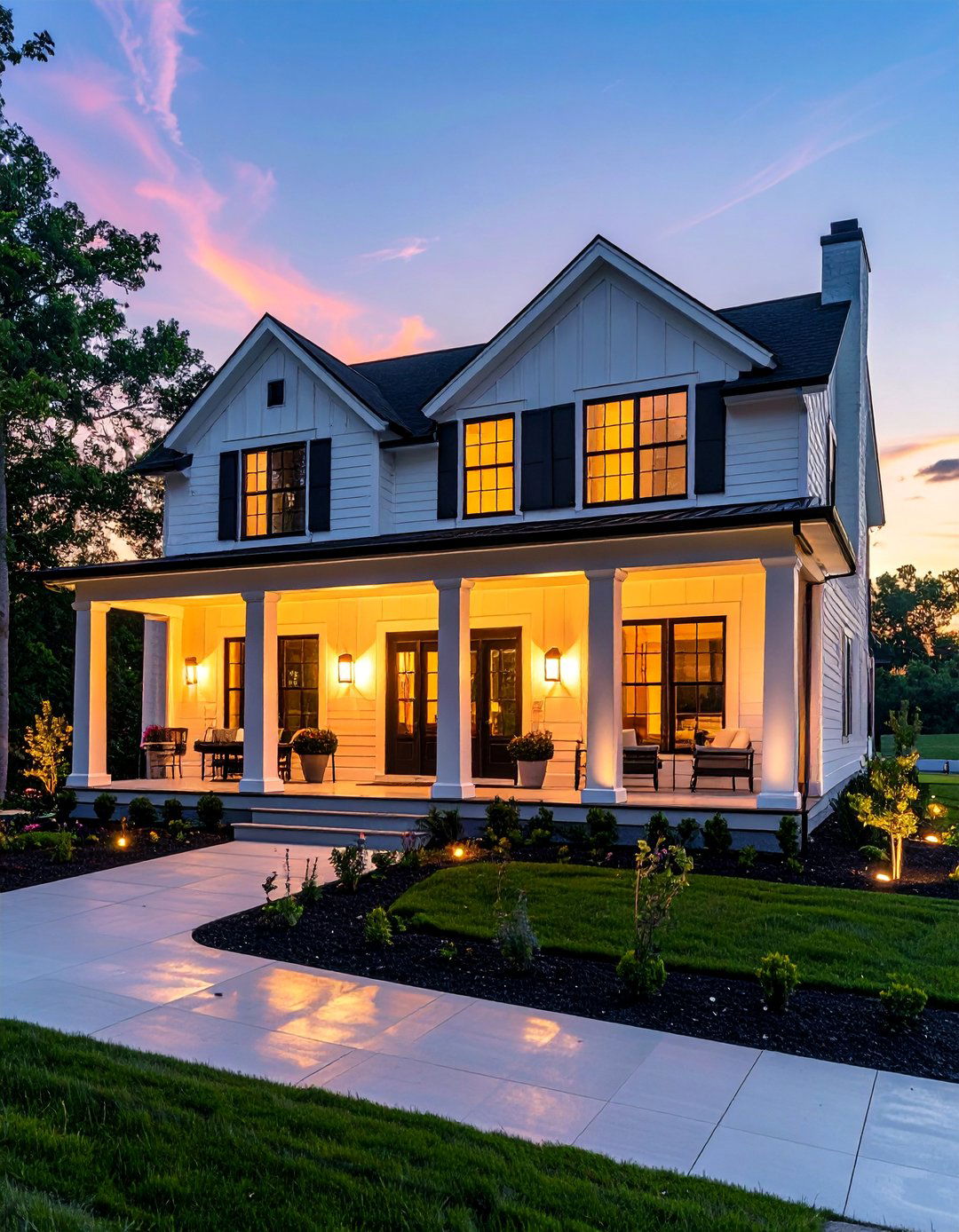 Single Story White House Black Trim and Landscape Lighting - 30 Single Story White House Black Trim Designs