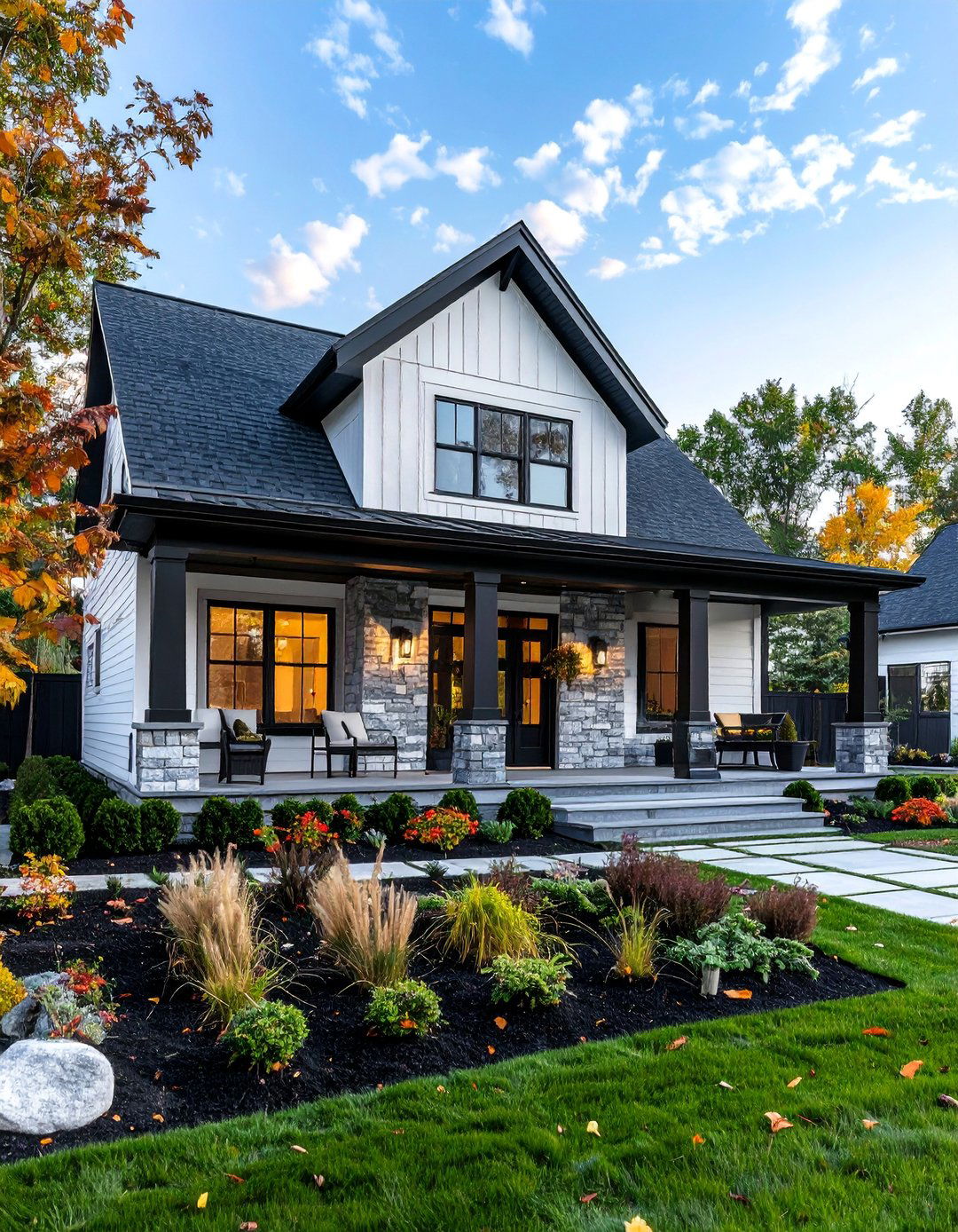 Single Story White House Black Trim and Stone Veneer Accents - 30 Single Story White House Black Trim Designs