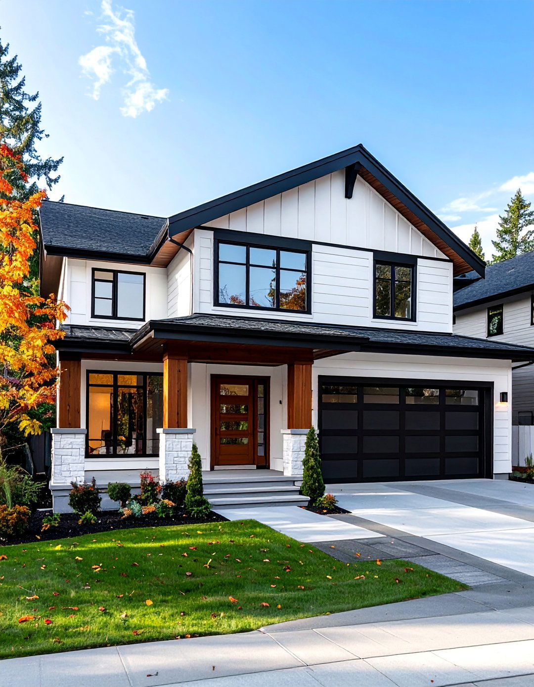 Single Story White House Black Trim and Wood Accents - 30 Single Story White House Black Trim Designs
